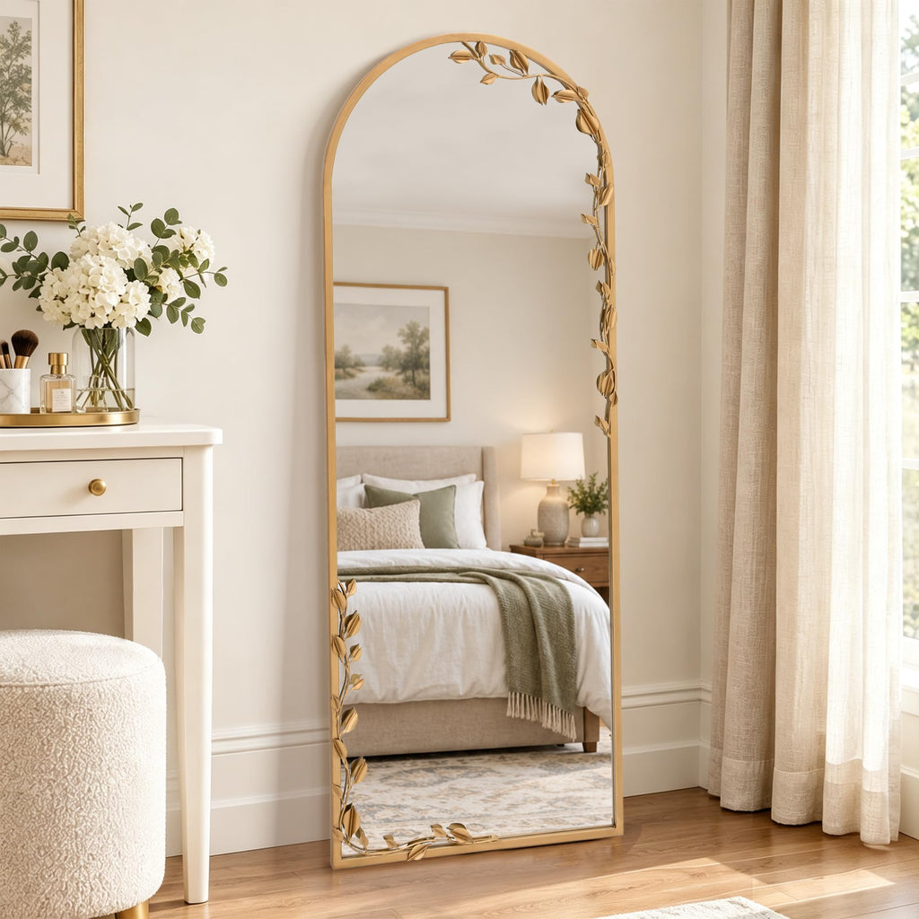 Besdomus Arched Full Length Mirror: 21"x56" Ornate Brass Gold Floor Mirror