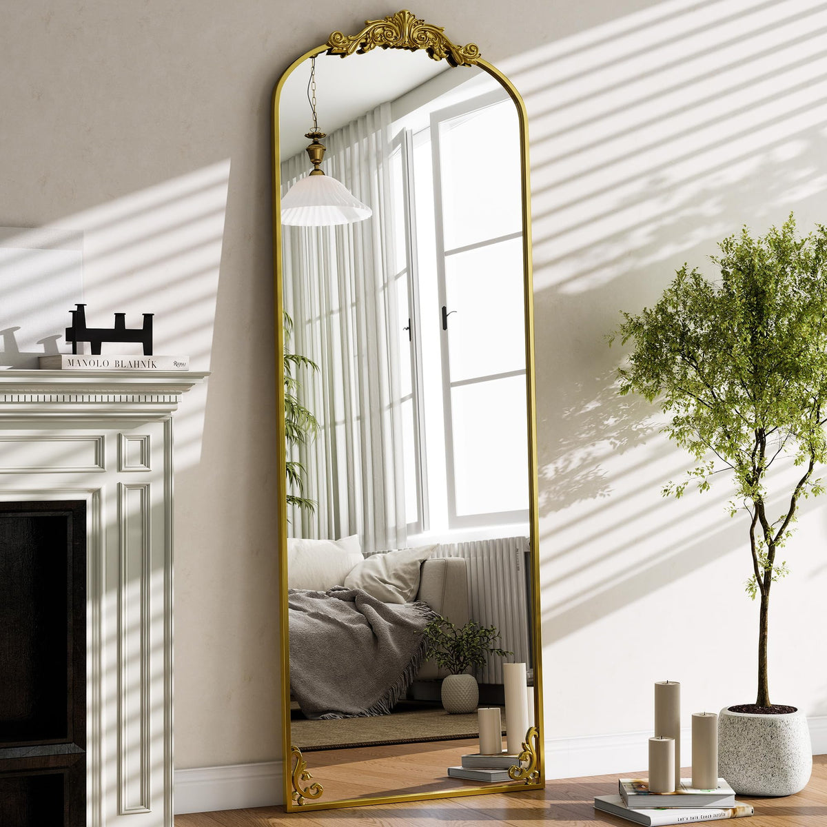 GLSLAND Arched Full Length Mirror,64"x21" Vintage Carved Floor Mirror Gold