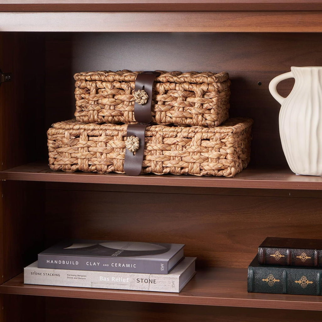 Decorative Box with Lid, Wicker Storage Basket, Water Hyacinth Woven Decorative box for Shelf, Coffee Table, Console Table, Home Decor (Small)