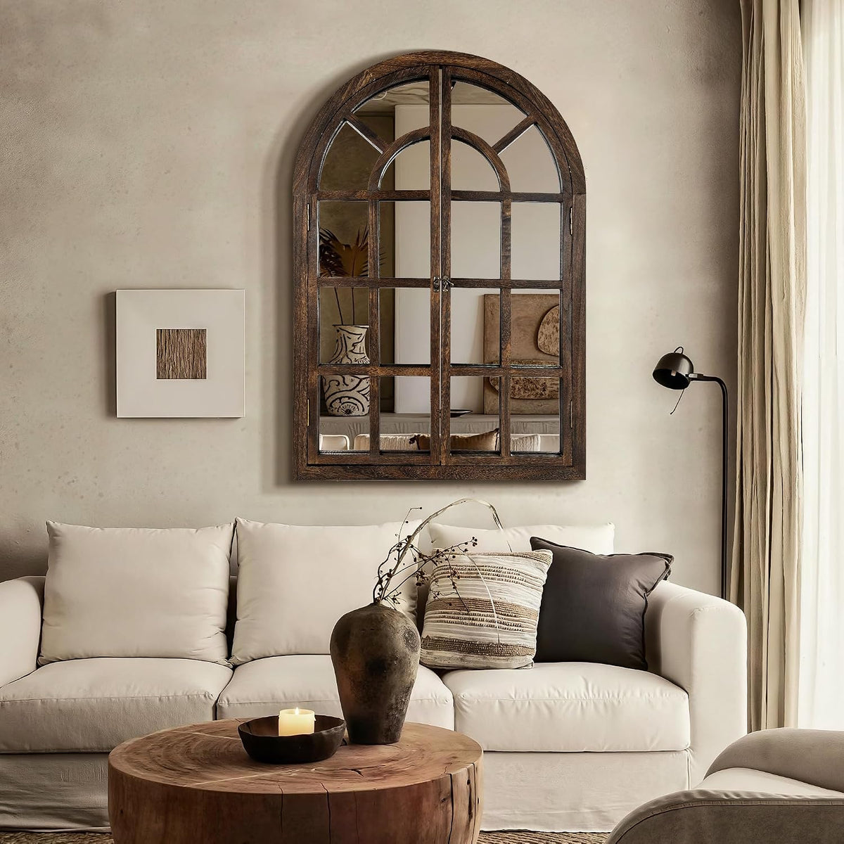 Farmhouse Window Mirror for Wall, 38”x26” Rustic Vintage Arch Mirror