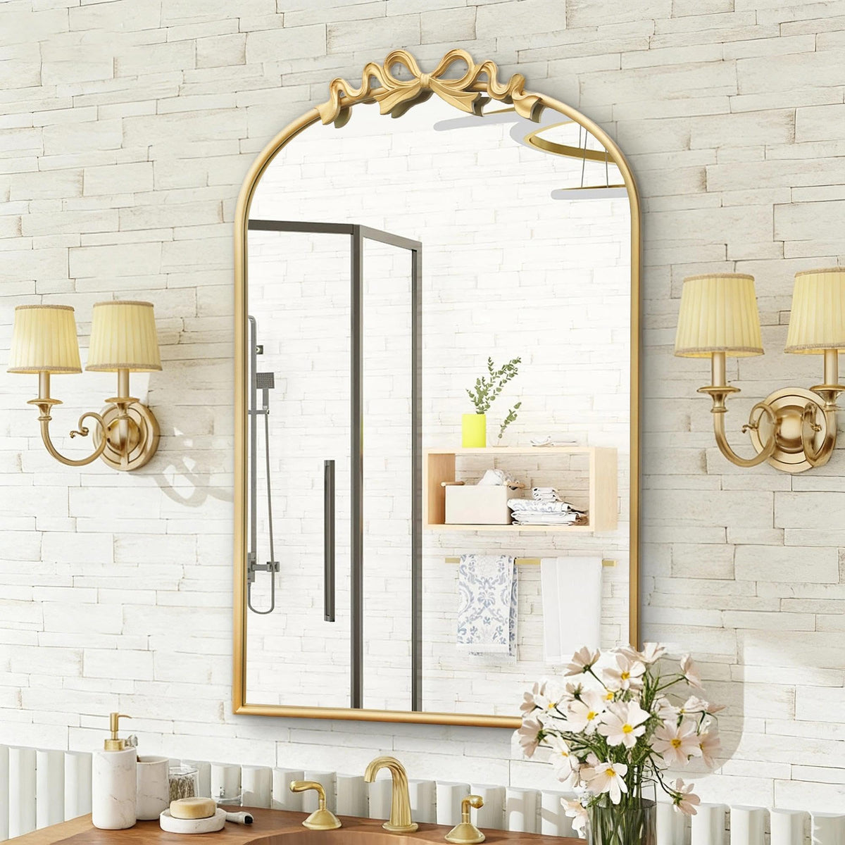 Besdomus Arched Mirror Full Length: 21"x56" Vintage Gold Bow Floor Mirrors