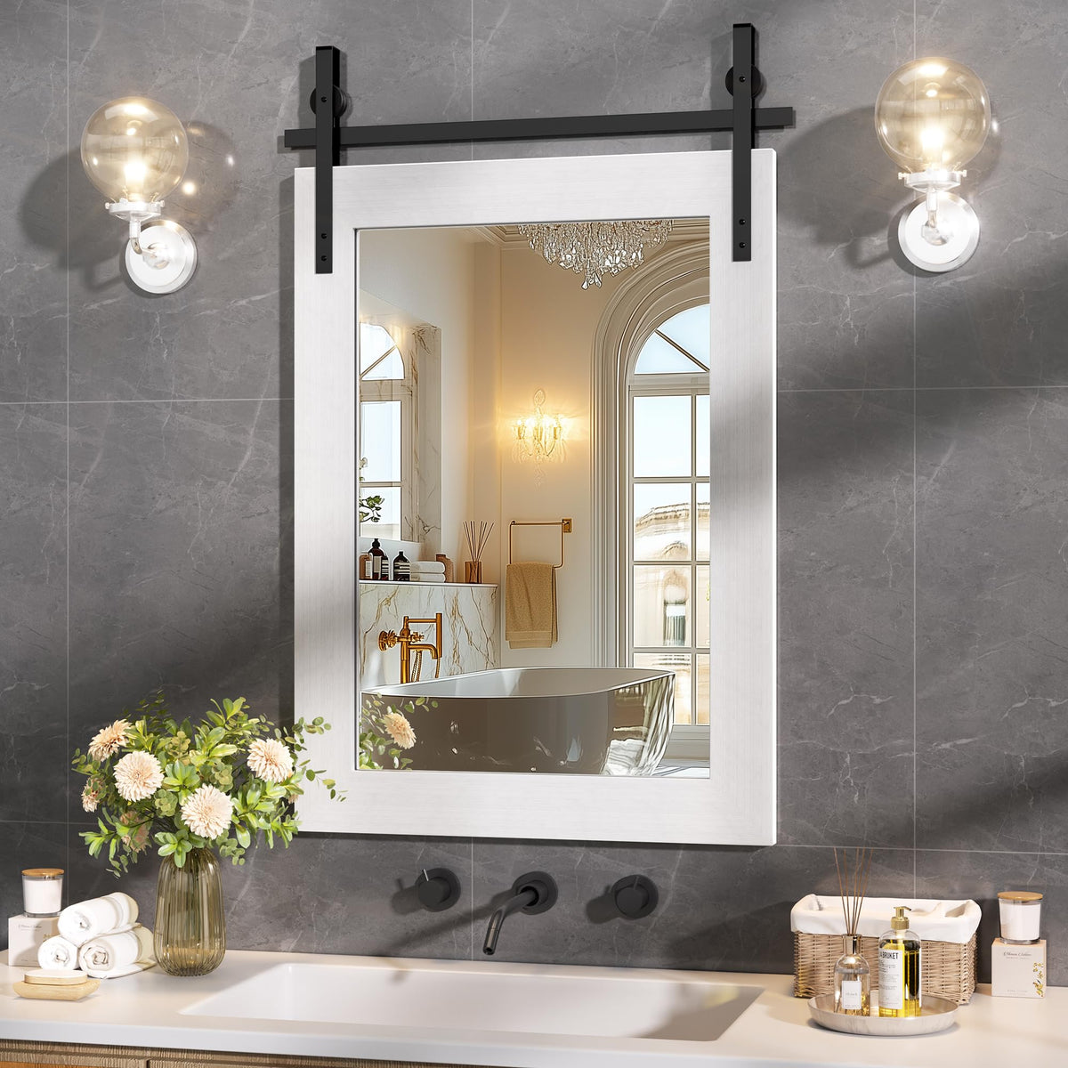 Hasipu Farmhouse Bathroom Mirror, 40"x26" Rustic Wood Framed Wall Mounted Mirror, Black Vintage Vanity Mirror Barn Door Style Decrative Mirrors