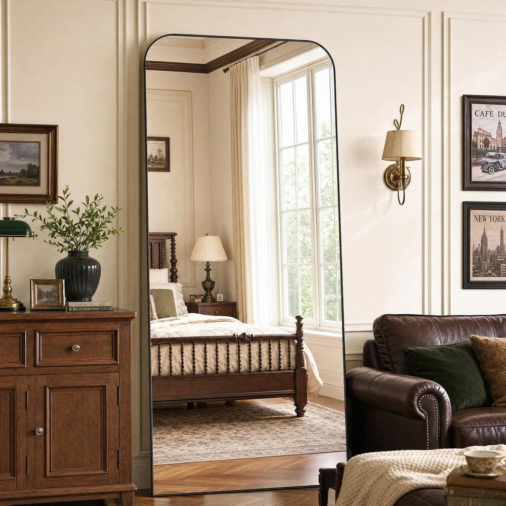Arched Floor Standing Mirror 71"x26"Black with Top Round Corner