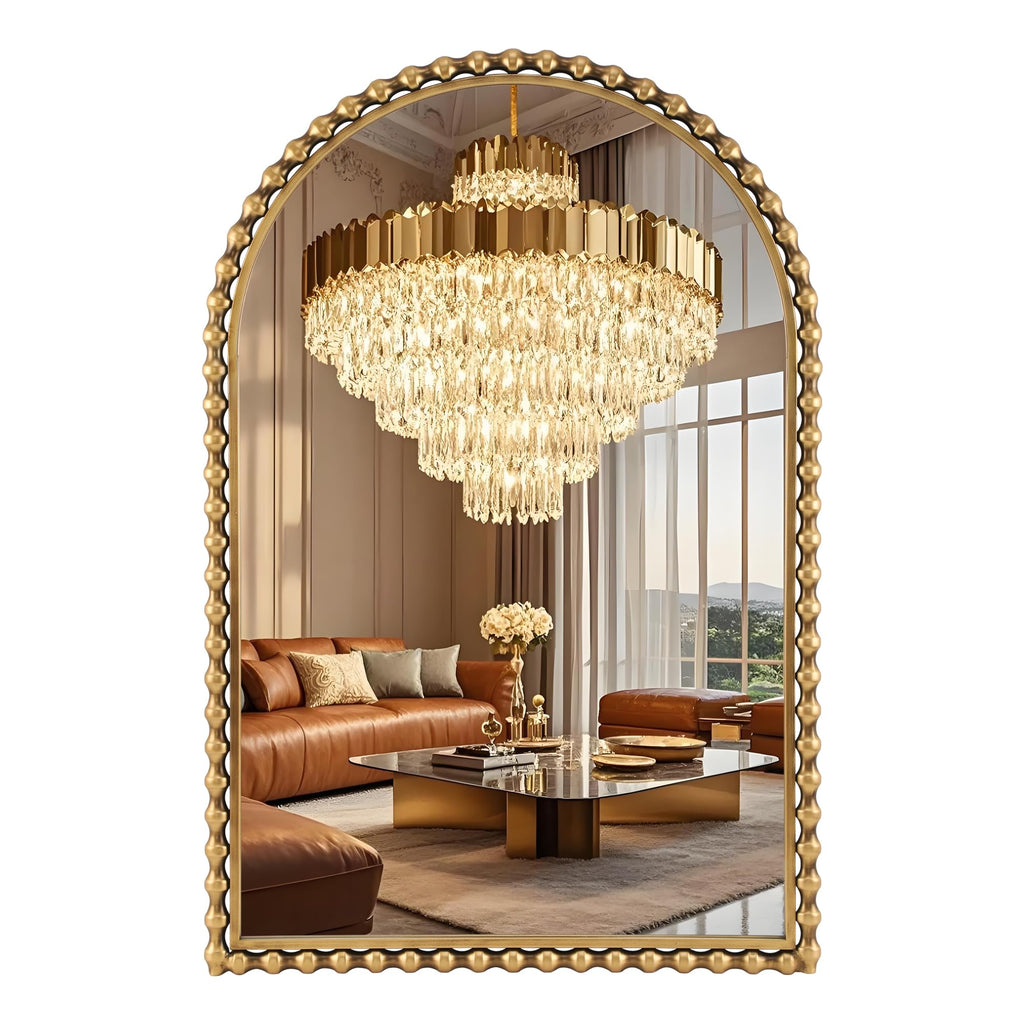 36"x28" Wide Arched Wall Mirror, Antique Gold Bold Beaded Frame