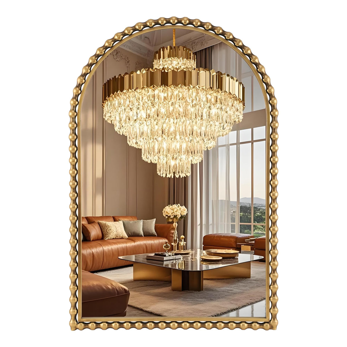 36"x28" Wide Arched Wall Mirror, Antique Gold Bold Beaded Frame