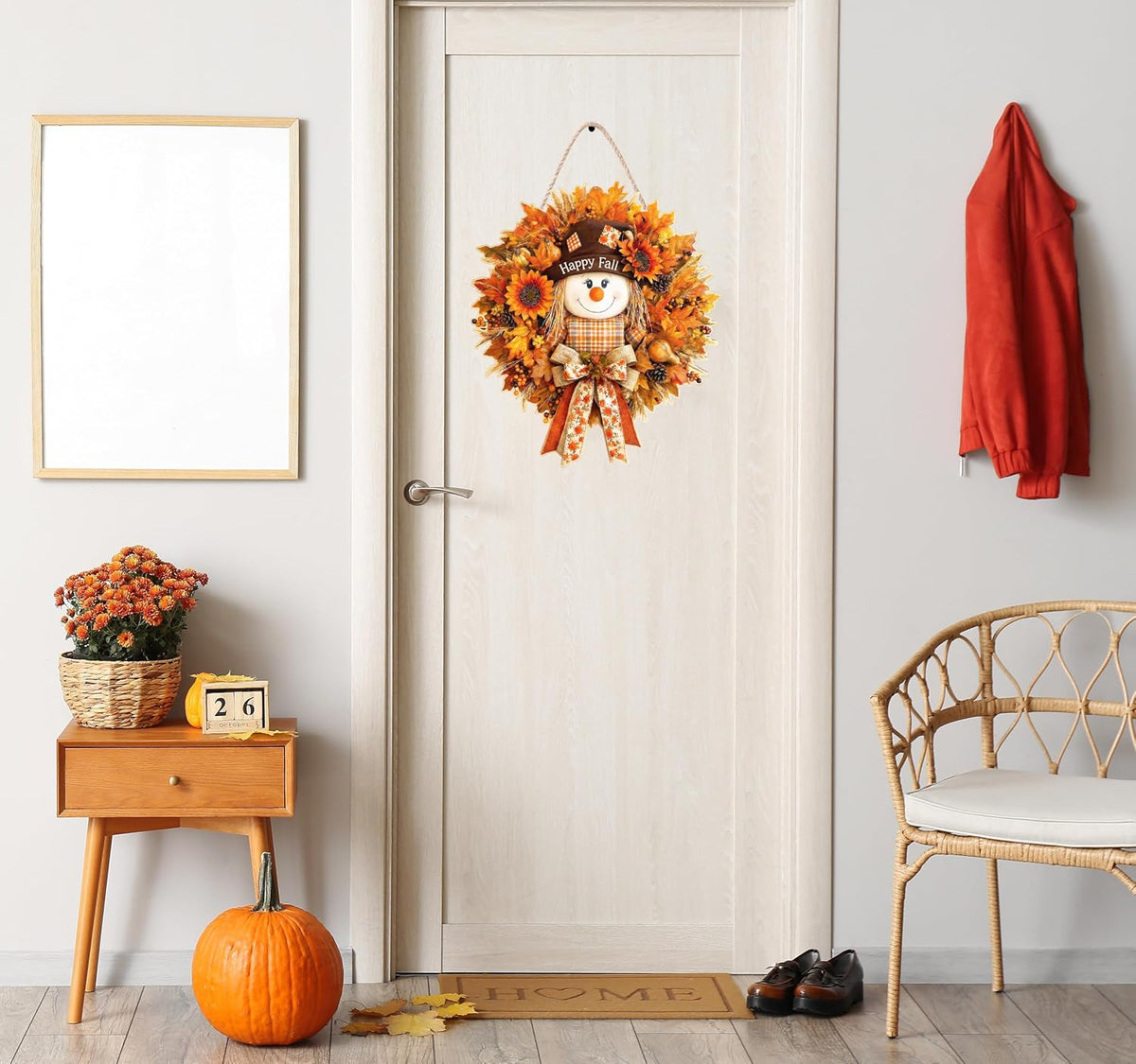Fall Decorations for Home Wooden Fall Decor Scarecrow Door Wreath for Front Door Farmhouse Scarecrow Maple Leaf Welcome Sign Door Hanger for Autumn Harvest Thanksgiving Outdoor Indoor Wall Home Decor