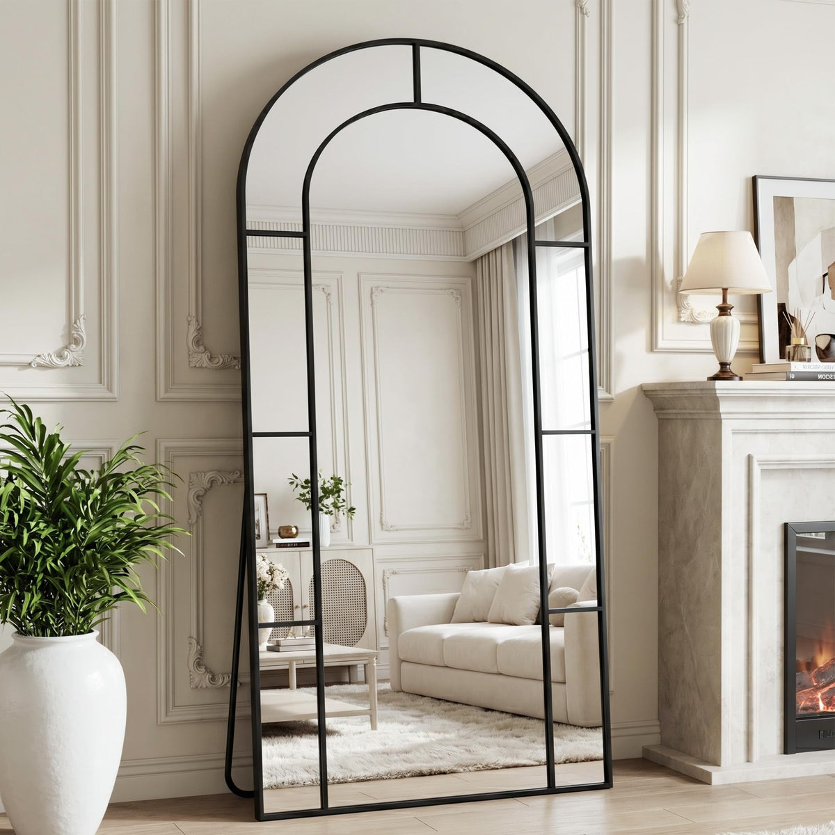 76" x 34" Arched Full Length Floor Mirror, Farmhouse Window Pane Mirror with Metal Frame, Decorative Leaning or Wall Mounted Mirror for Bedroom, Living Room, Entryway, Black