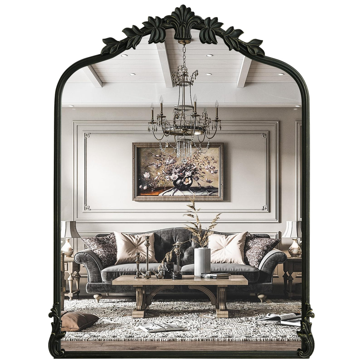 WallBeyond Gold Vintage Mirror for Vanity 32x24 Inch, Gold Antique Mirror with Ornate Frame, Arched Vintage Wall for Bathroom, Living Room, Fireplace, Entryway
