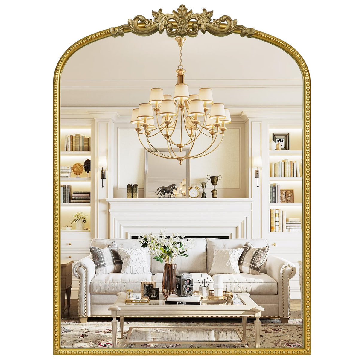 WallBeyond Gold Vintage Mirror for Vanity 32x24 Inch, Gold Antique Mirror with Ornate Frame, Arched Vintage Wall for Bathroom, Living Room, Fireplace, Entryway