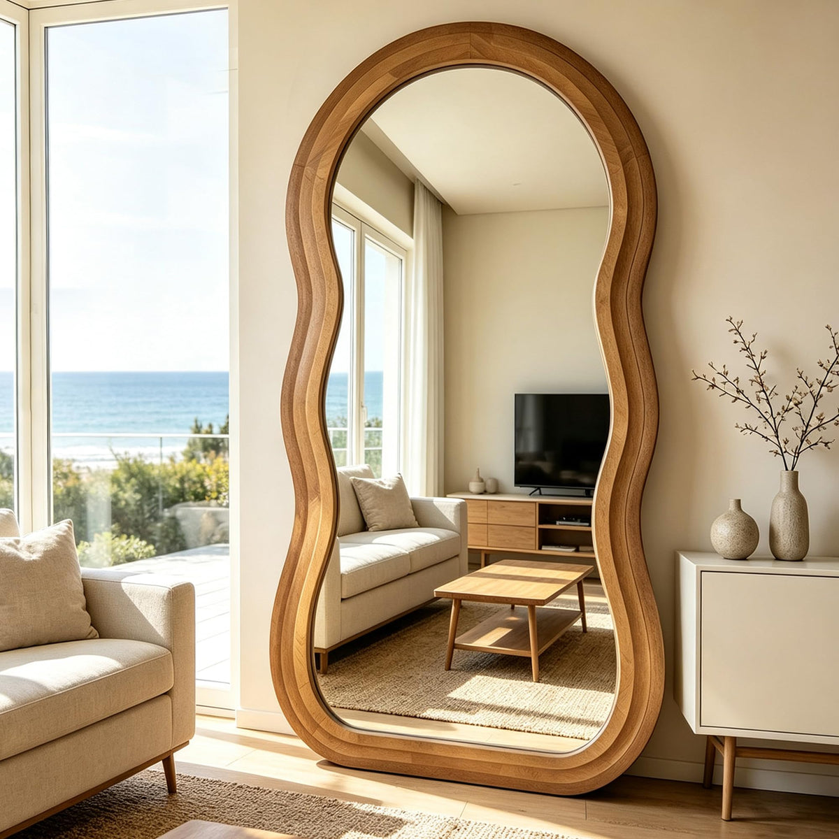 71"x33.5" Wavy Full Length Mirror with 3-Layer Solid Wood Frame