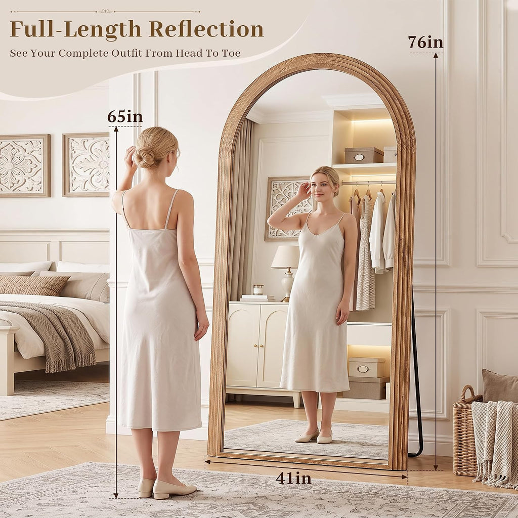 82"x44" Arched Full Length Mirror with Wide Wood Frame,Natural Wood