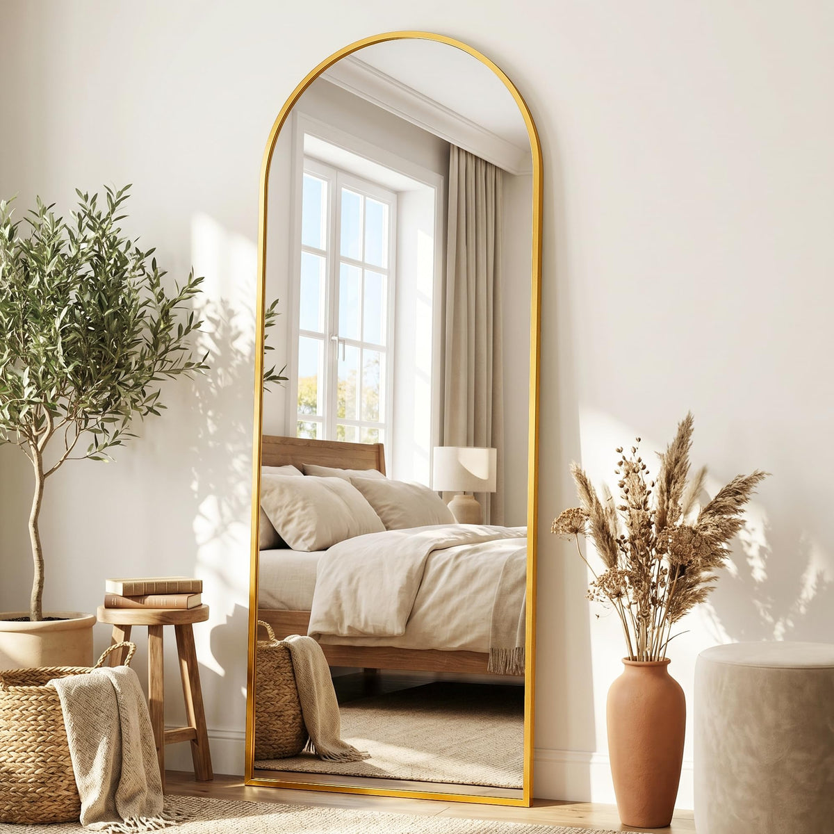 Full Length Mirror, 76"x34" Arched Floor Mirror, Gold