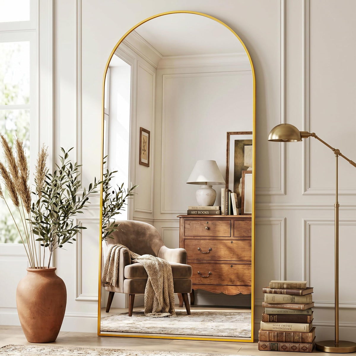Full Length Mirror, 76"x34" Arched Floor Mirror, Gold