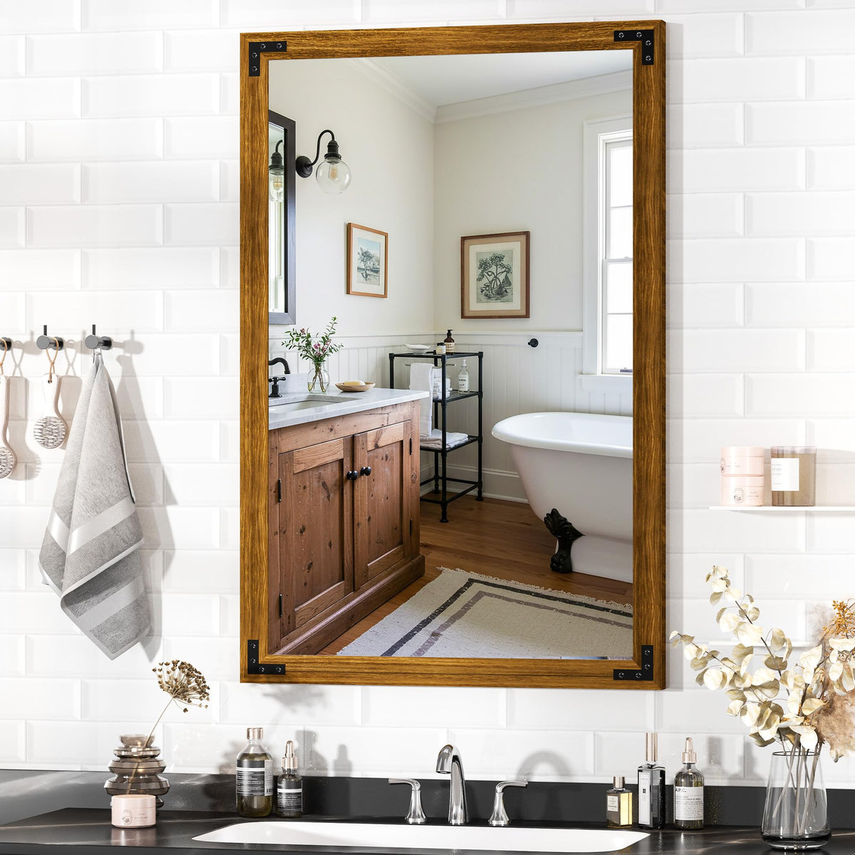Hasipu Farmhouse Bathroom Mirror, 40"x26" Rustic Wood Framed Wall Mounted Mirror, Black Vintage Vanity Mirror Barn Door Style Decrative Mirrors