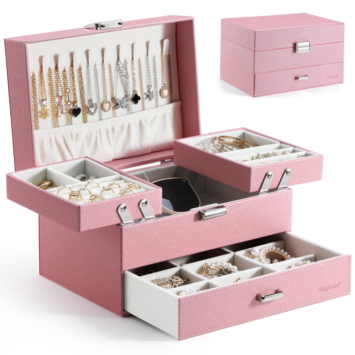 Dajasan Jewelry Organizer Box, Large Jewelry Boxes for Women Girls, Space-Saving 3 Layers Jewelry Storage Case with Drawer, Movable Metal Stand, Modern, Gift Idea (Black)