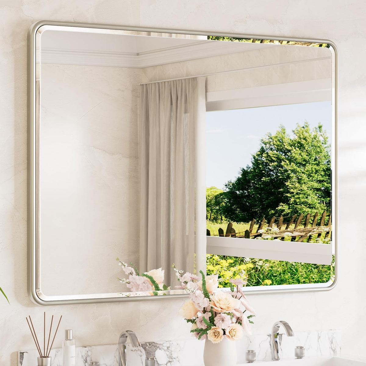 TETOTE Brushed Nickel Mirror 20 x 30 Beveled Edge Tempered Glass, Rounded Corner Rectangle Bathroom Mirror for Over Sink for Modern Bathroom, Living Room, Bedroom, Entryway