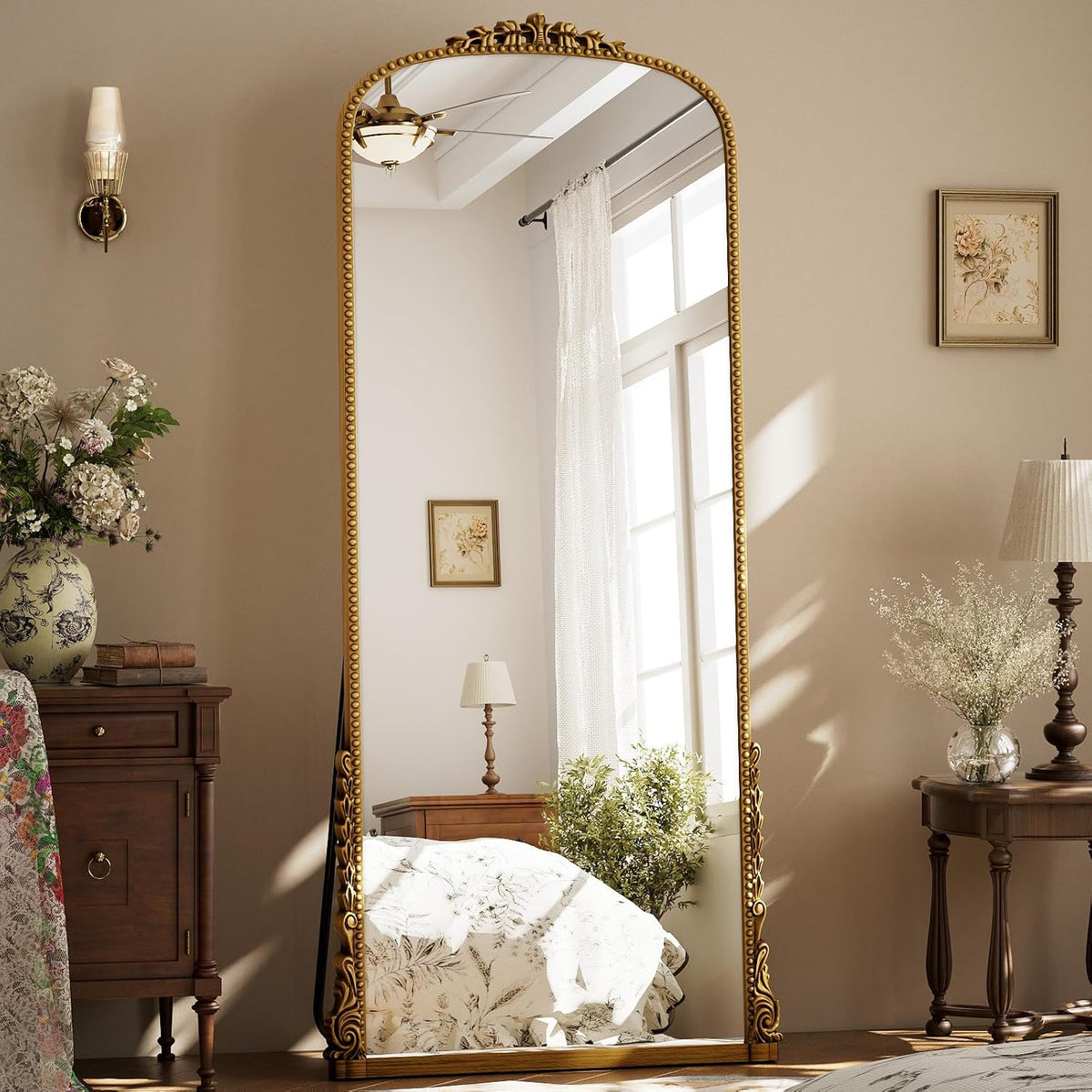 Easly Arched Full Length Mirror, 32'' x 71'' Gold Floor Body Mirror with Stand, Vintaged Elegant Carved Frame Mirror Full Length for Wall Decor, Living Room, Bedroom, Cloakroom, Entryway