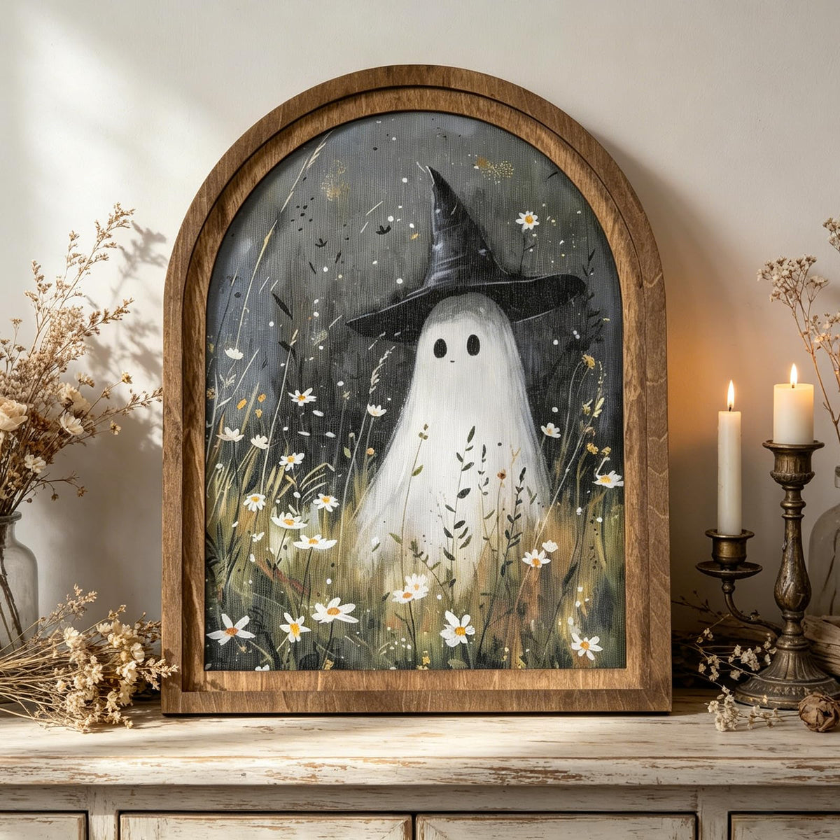 DAZONGE Halloween Wood Framed Arch Sign, Spooky Ghost Witch Halloween Decor