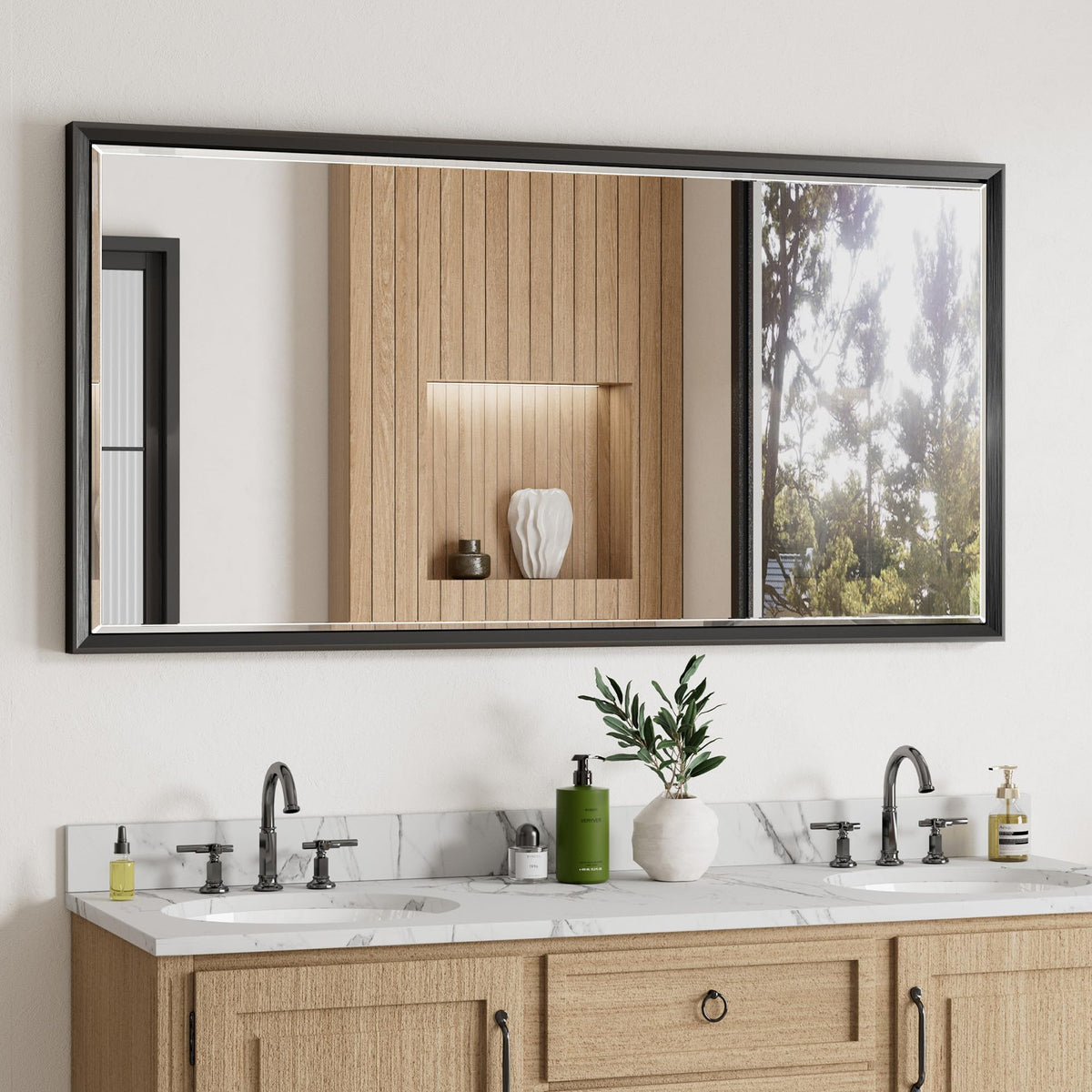 Brushed Nickel Bathroom Mirror, 24x32 Inch Beveled Framed Bathroom Mirror Anti-Rust, Brushed Nickel Metal Frame Bathroom Vanity Mirror for Wall, Vertical/Horizontal Wall-Mounted Mirrors