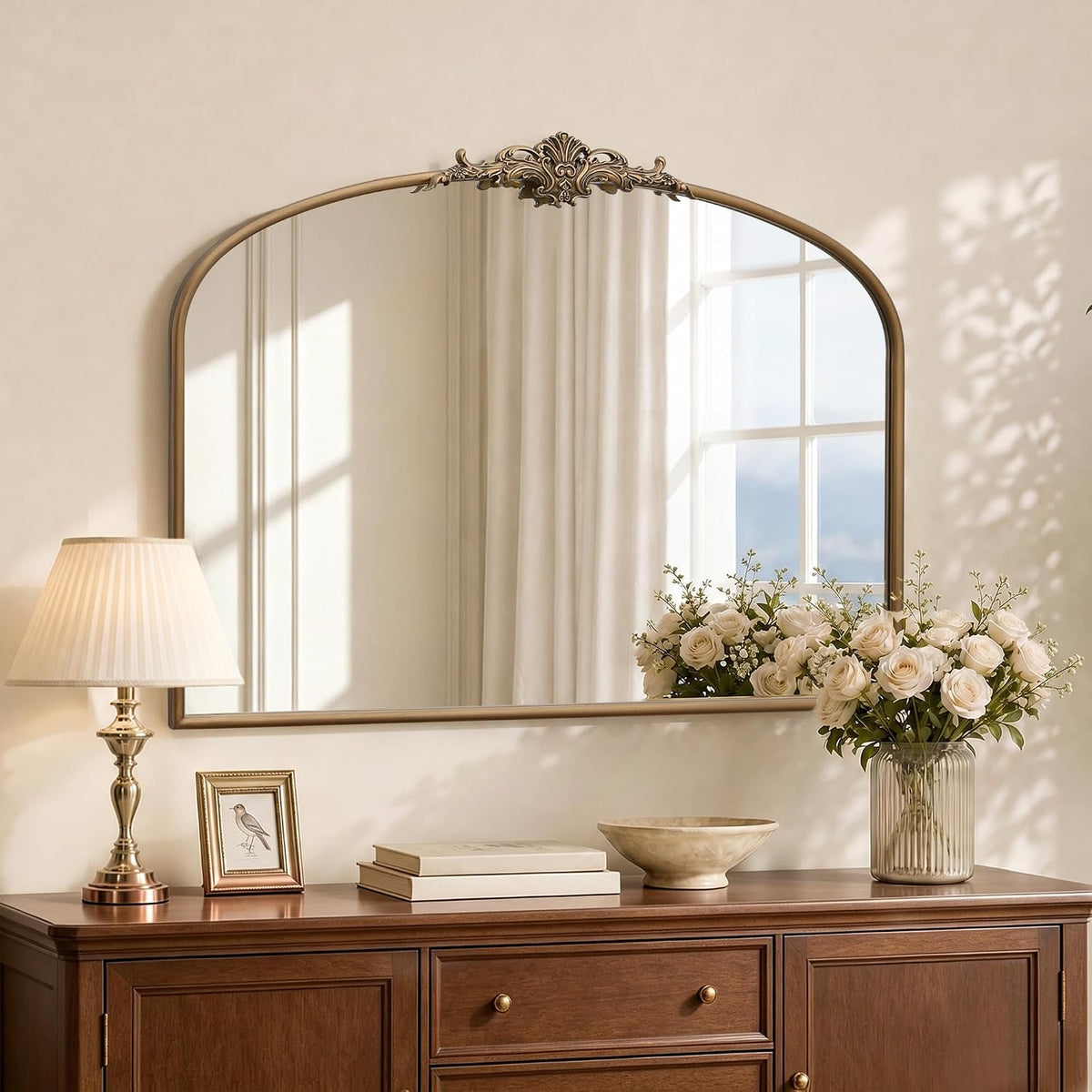 Besdomus Vintage Arched Gold Mirror: 40"x29" Large Brass Antique Decorative