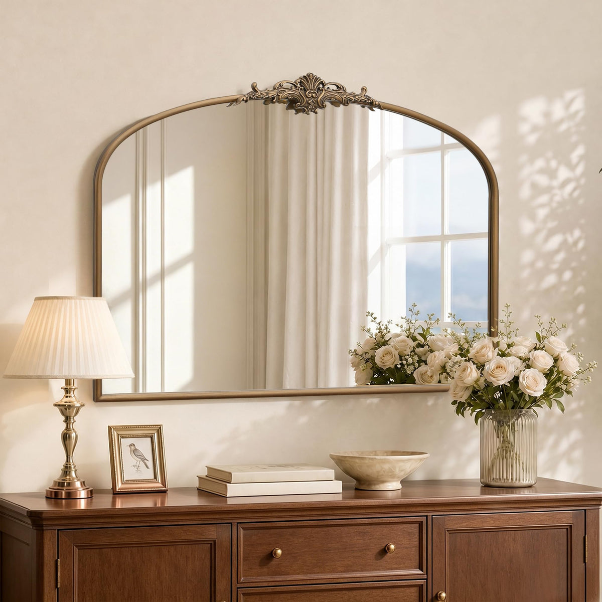 Besdomus Vintage Arched Gold Mirror: 40"x29" Large Brass Antique Decorative