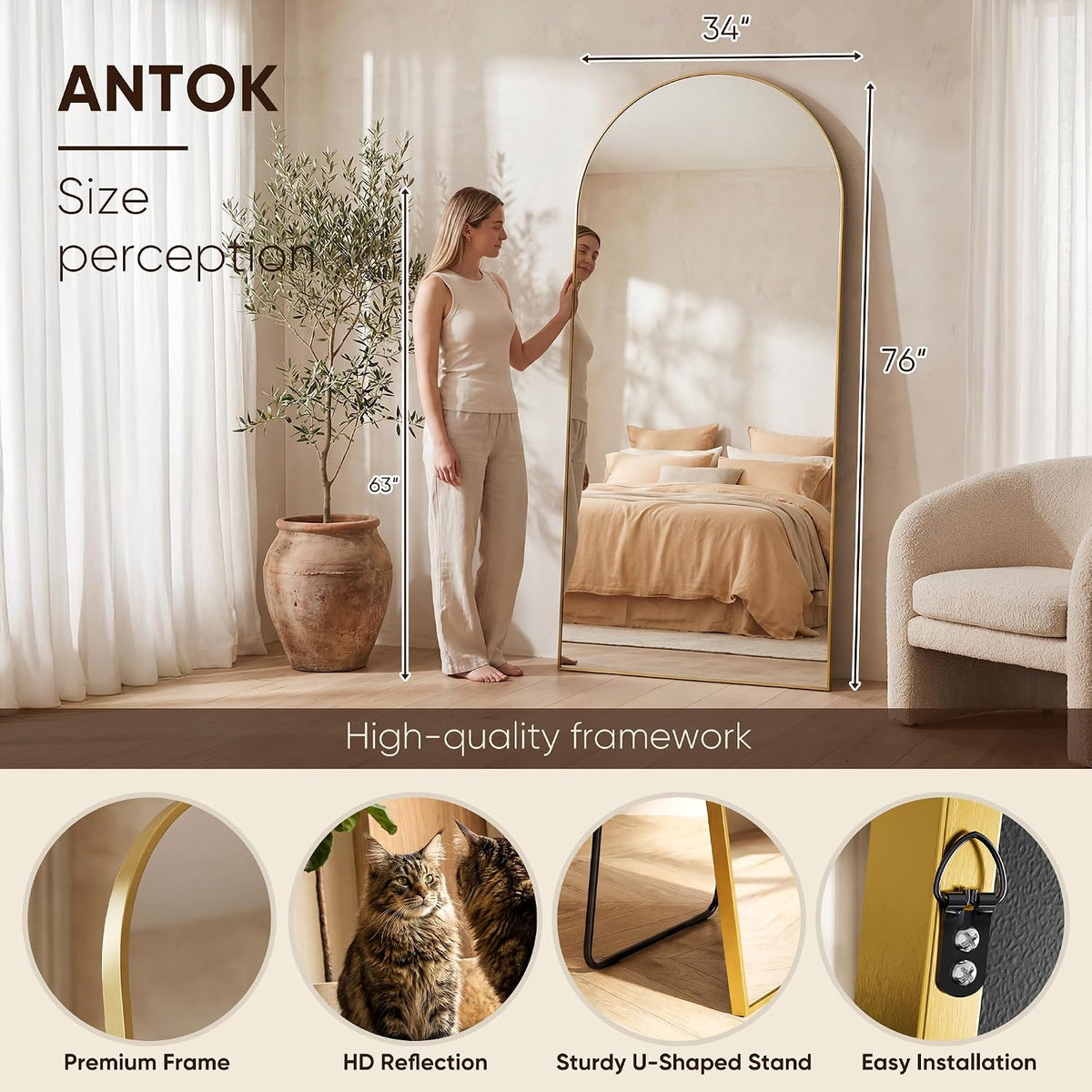 Antok 76" x34” Arched Full Length Mirror, Floor Mirror with Stand,Gold