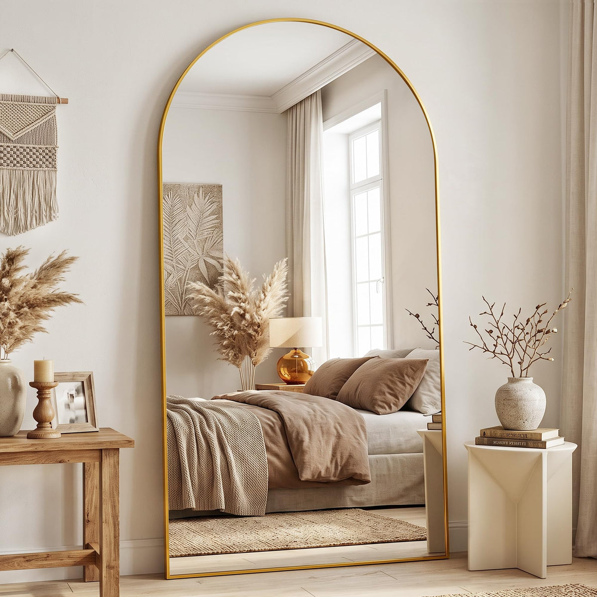 Antok 58" x 20" Arched Full Length Floor Mirror, Aluminum Frame, Black