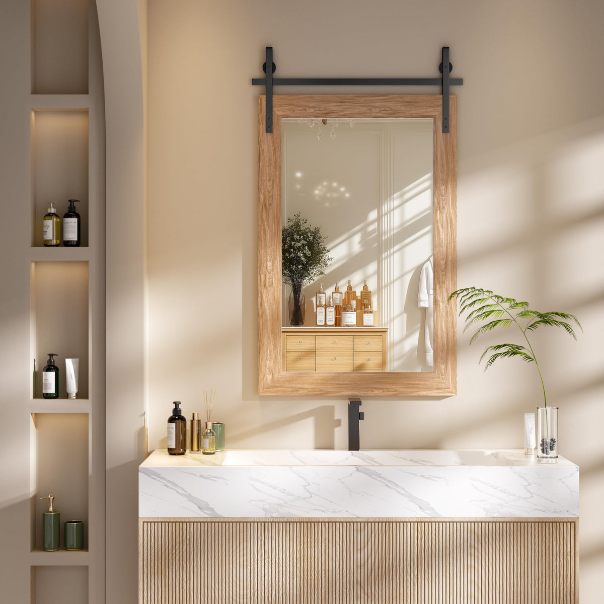 Hasipu Farmhouse Bathroom Mirror, 40"x26" Rustic Wood Framed Wall Mounted Mirror, Black Vintage Vanity Mirror Barn Door Style Decrative Mirrors