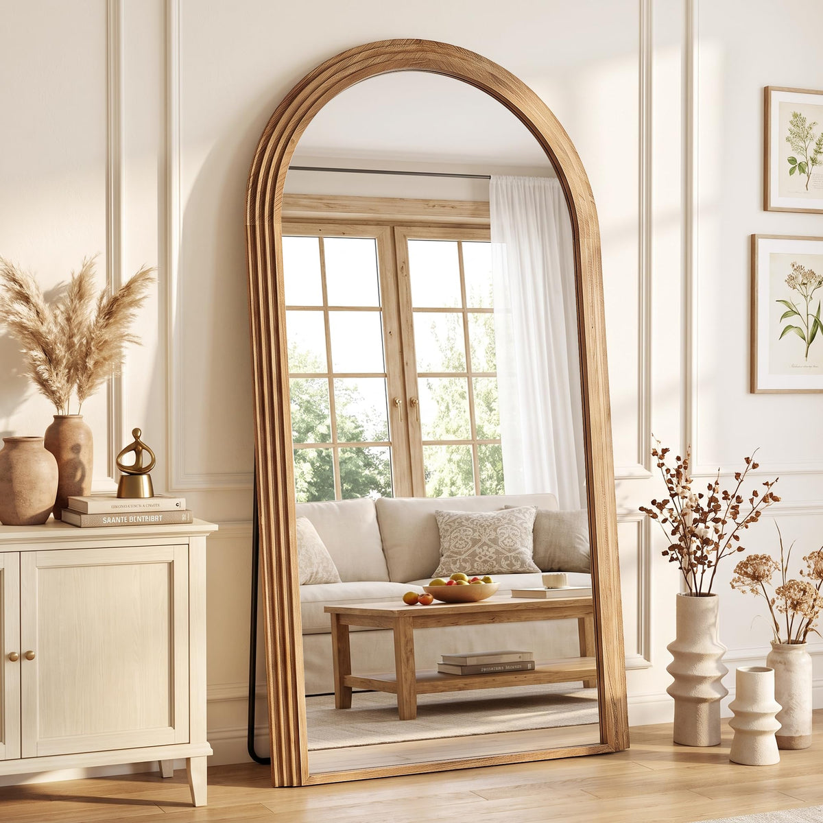 82"x44" Arched Full Length Mirror with Wide Wood Frame,Natural Wood