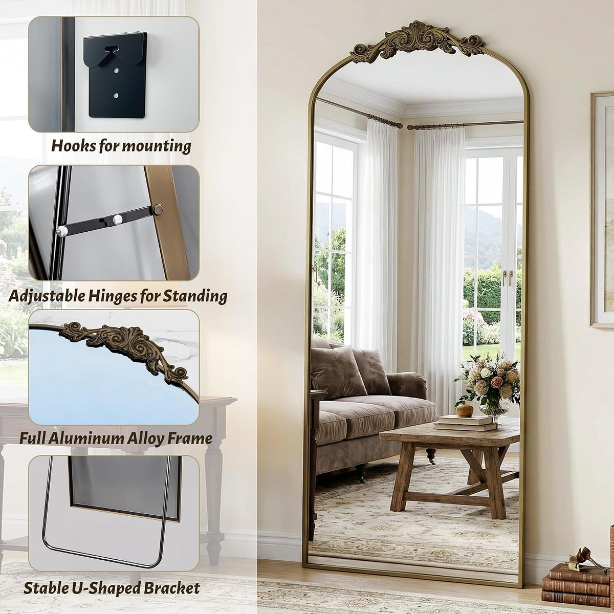 Vintage Full Length Mirror,71"x28" Arched Antique Floor Mirror with Carved Metal Frame,Large Standing Wall Mounted or Leaning Mirror for Bedroom Living Room Entryway,Bronze