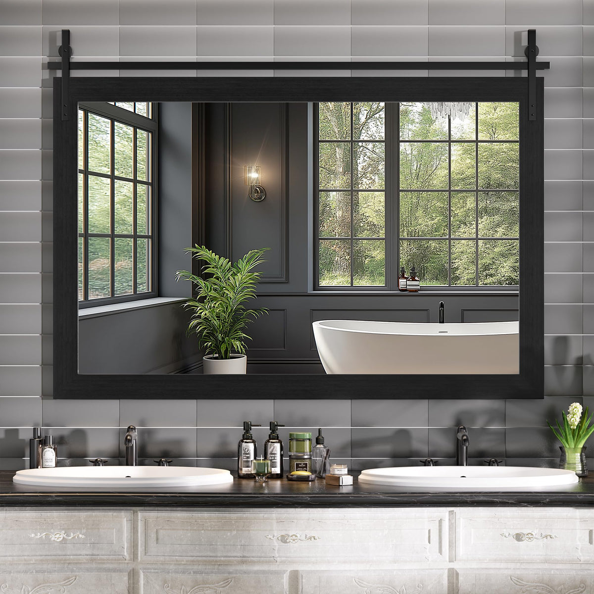 Hasipu Farmhouse Bathroom Mirror, 40"x26" Rustic Wood Framed Wall Mounted Mirror, Black Vintage Vanity Mirror Barn Door Style Decrative Mirrors