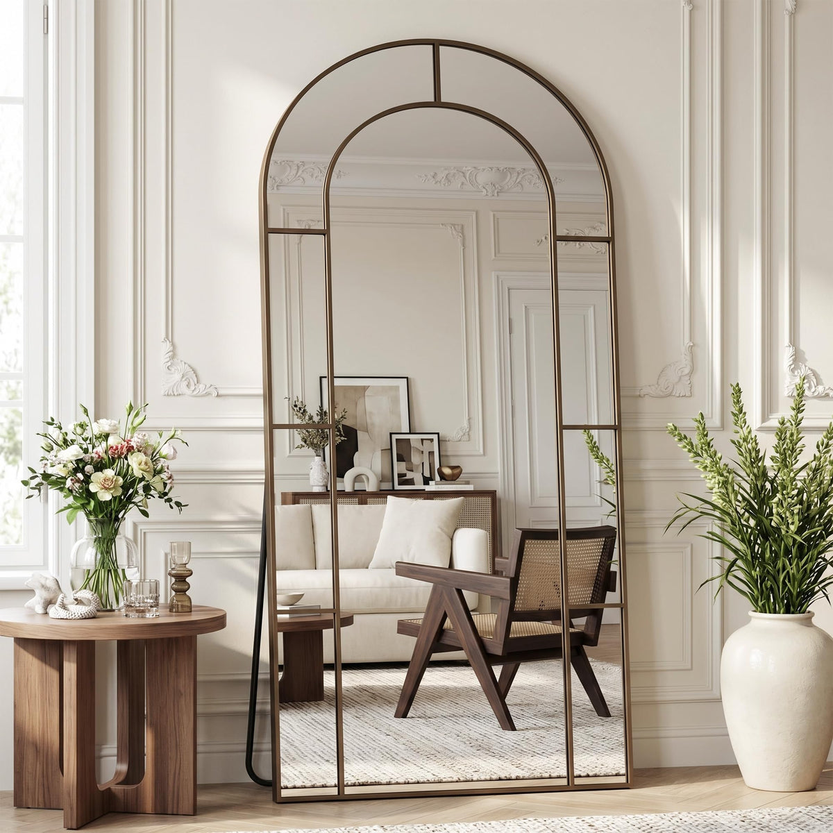 76" x 34" Arched Full Length Floor Mirror, Farmhouse Window Pane Mirror with Metal Frame, Decorative Leaning or Wall Mounted Mirror for Bedroom, Living Room, Entryway, Black