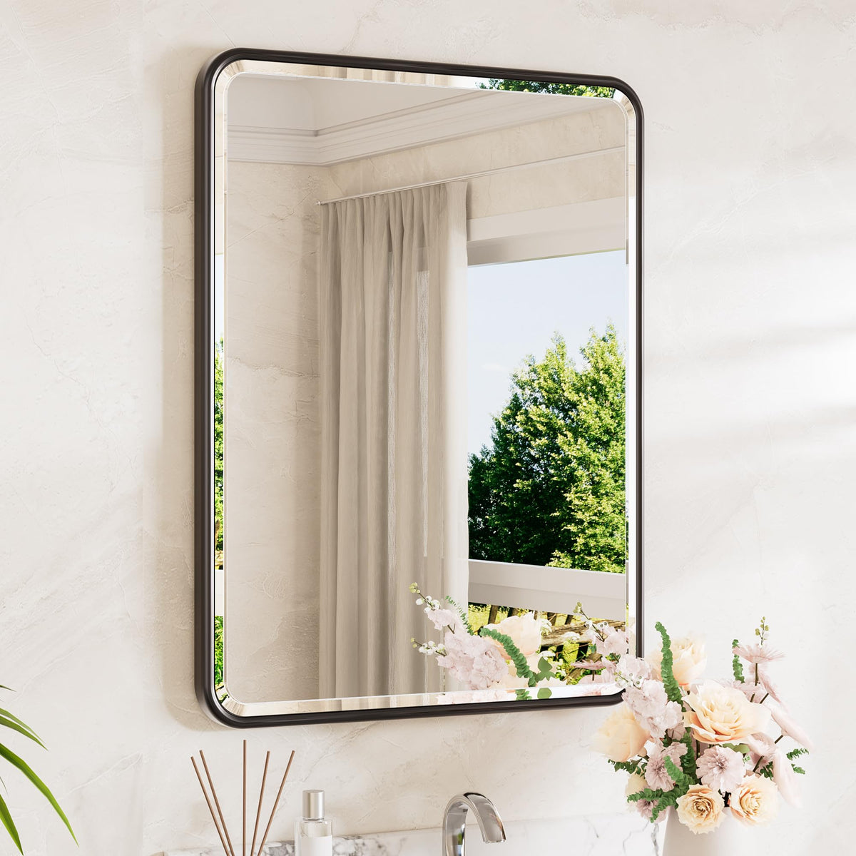 TETOTE Brushed Nickel Mirror 20 x 30 Beveled Edge Tempered Glass, Rounded Corner Rectangle Bathroom Mirror for Over Sink for Modern Bathroom, Living Room, Bedroom, Entryway