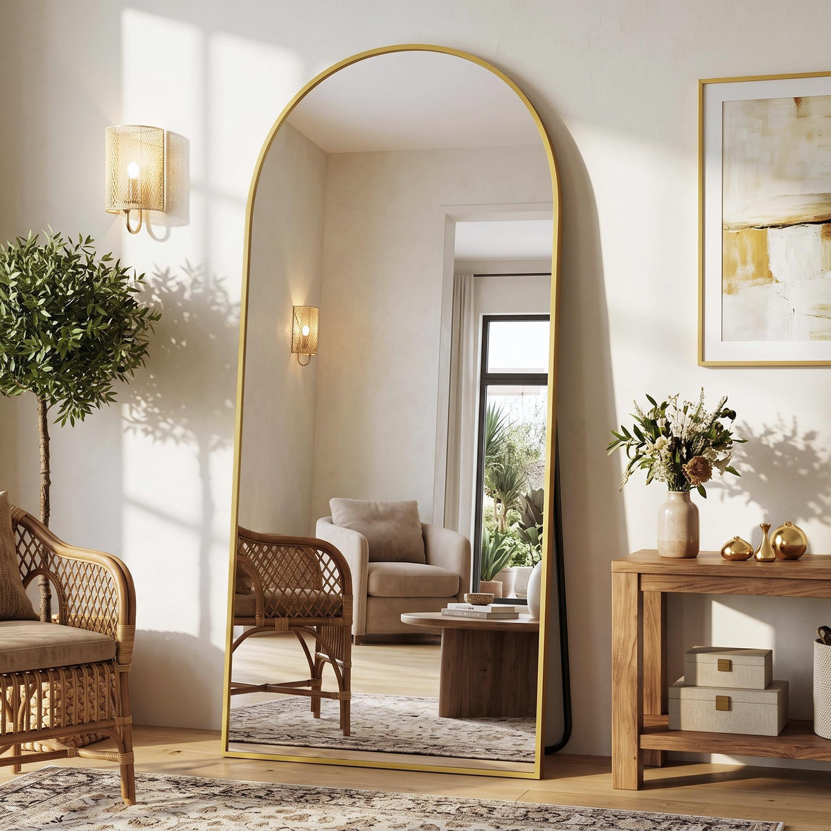 Suidia 71"x28" Arched Full Length Mirror with Stand, Black Floor Mirror