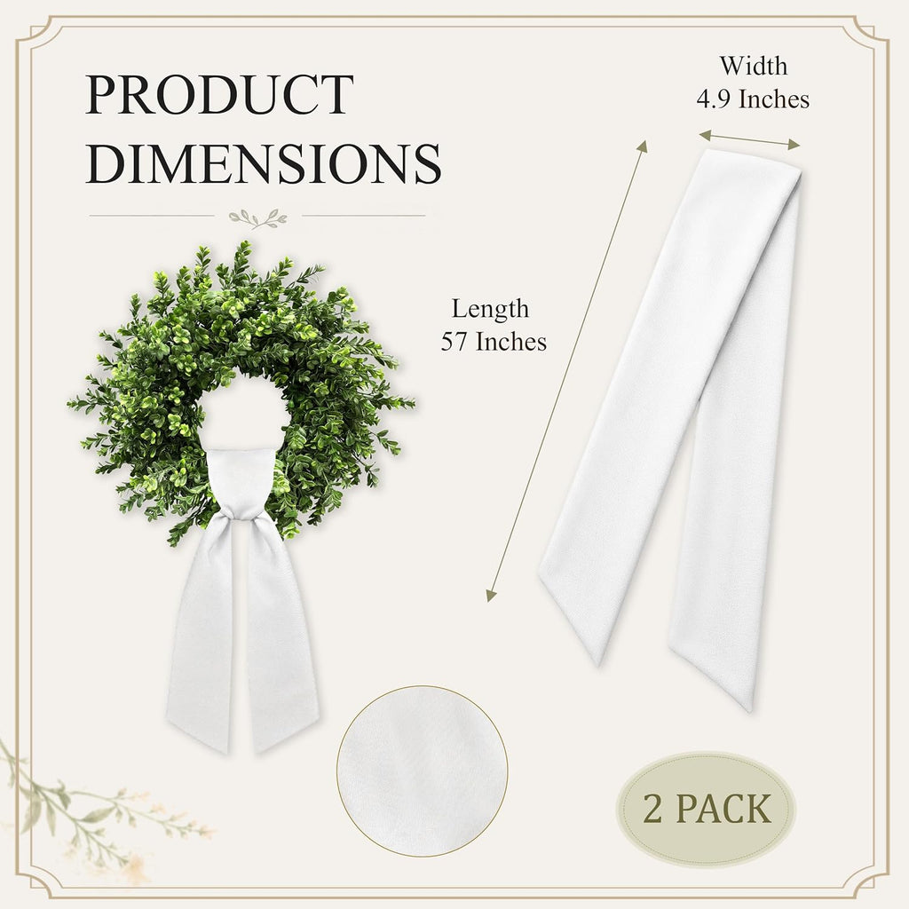 2 Pcs White Wreath Sash for Front Door, Embroidery Blank Wreath Sashes, Textured Twill Finish Sash Ribbon Accessories for Flower Bouquet Garland Yard Doorway Wedding Xmas, 4.9 x 57 Inches