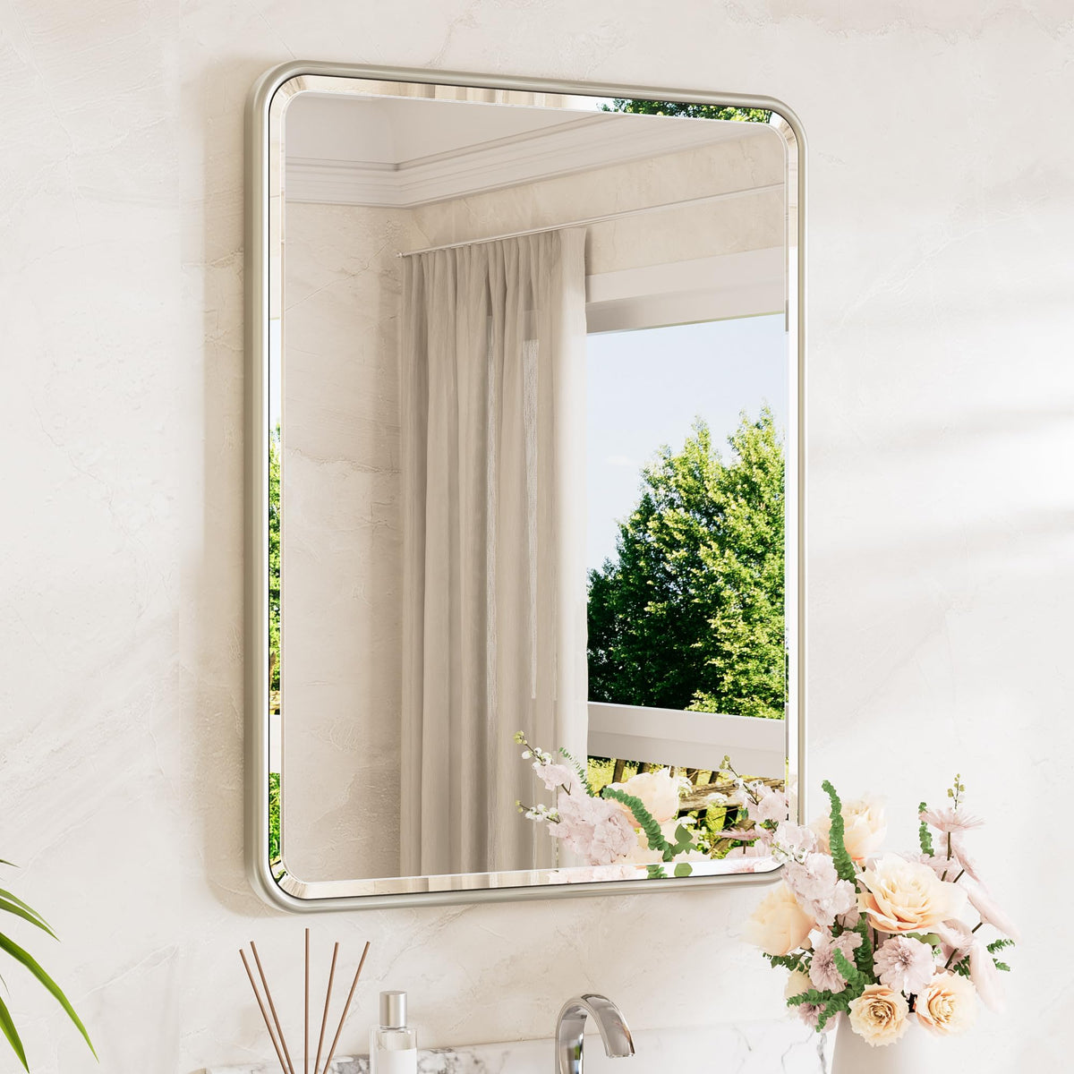 TETOTE Brushed Nickel Mirror 20 x 30 Beveled Edge Tempered Glass, Rounded Corner Rectangle Bathroom Mirror for Over Sink for Modern Bathroom, Living Room, Bedroom, Entryway