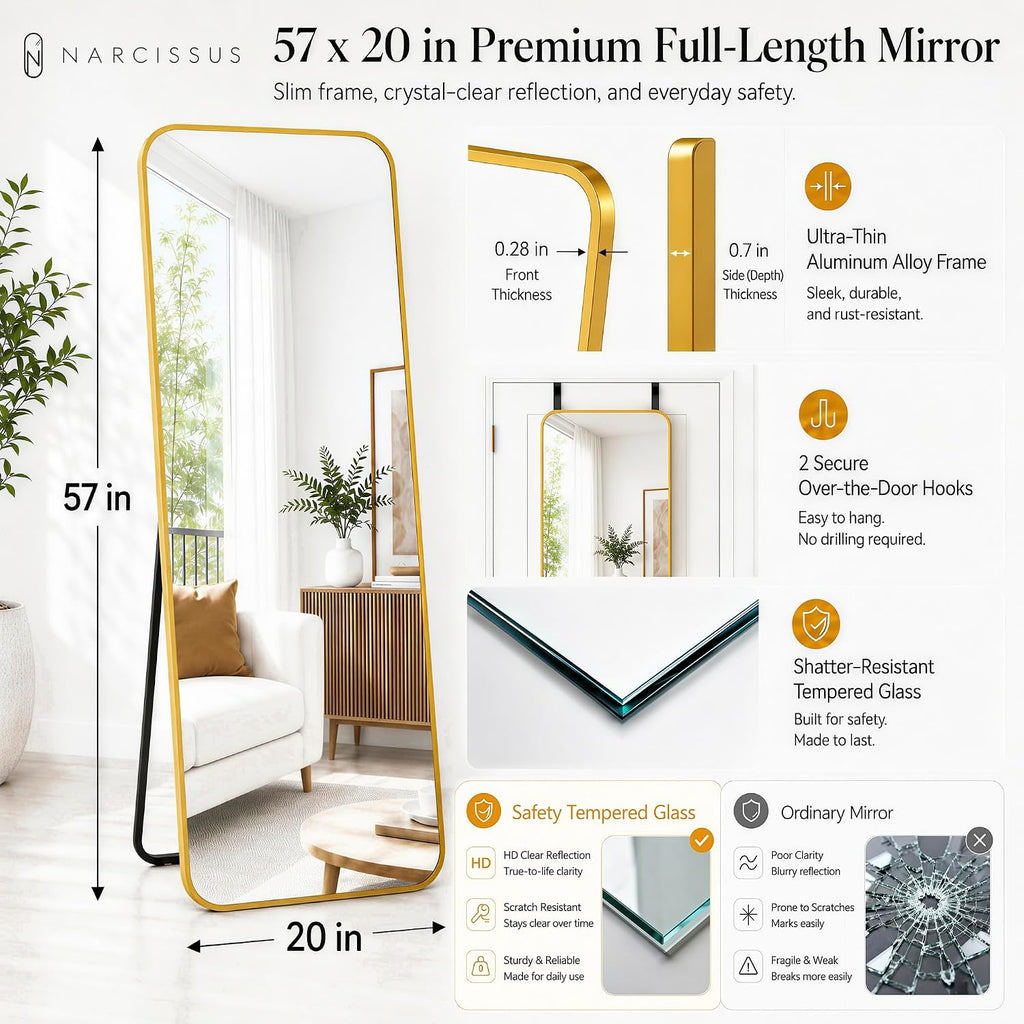 NARCISSUS 57x20 Full Length Mirror Over The Door or Freestanding/Wall Gold