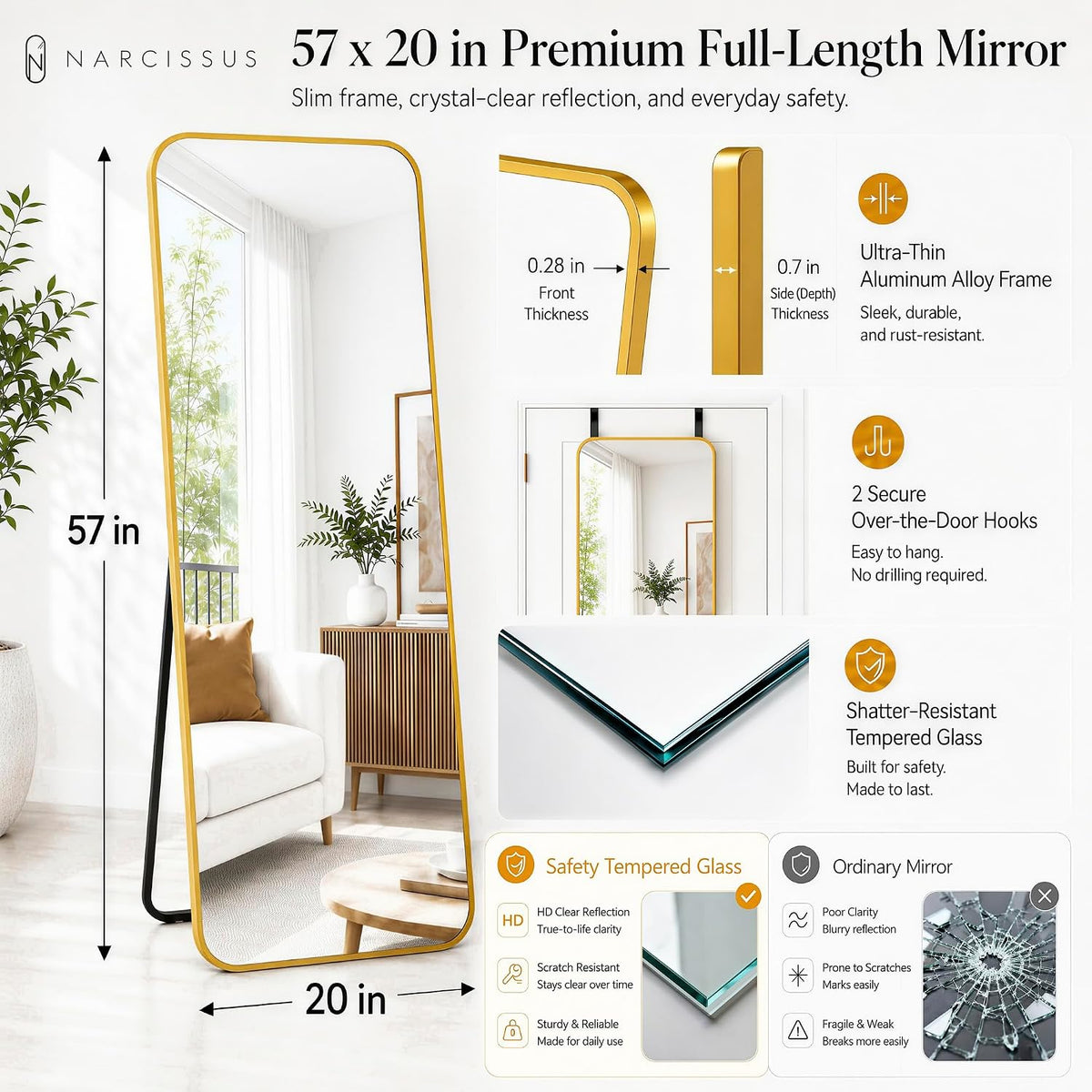 NARCISSUS 57x20 Full Length Mirror Over The Door or Freestanding/Wall Gold