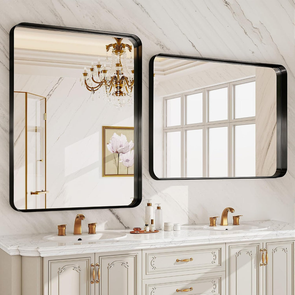30x36 Inch Black Metal Framed Bathroom Mirror for Wall, HD Tempered Glass
