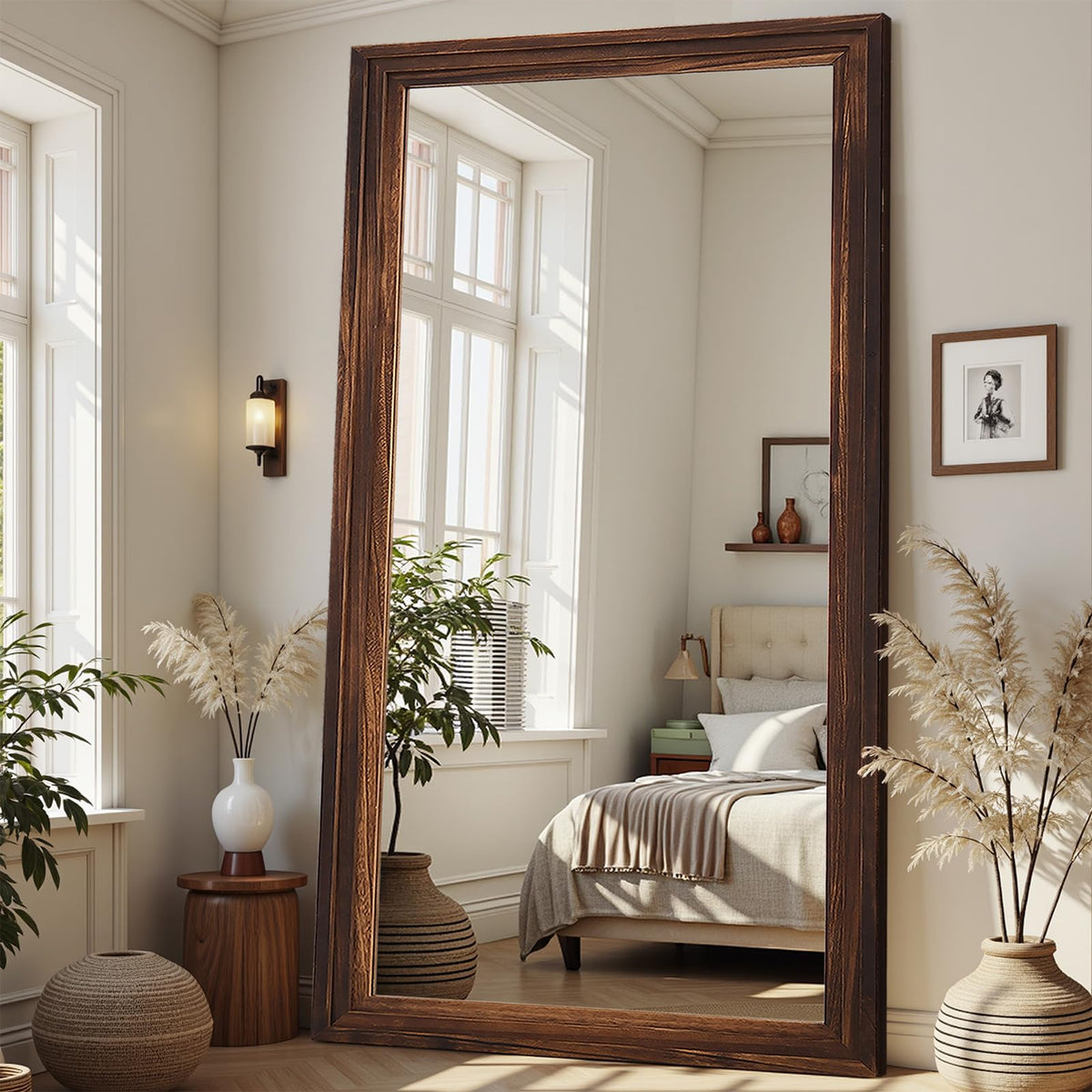Antok Full Length Mirror with Solid Wood Frame, 71"×32" Wall Mounted Oversized Floor Mirror with Stand, Leaning Standing Hanging for Bedroom Living Room Entryway, Walnut, Arched Syle