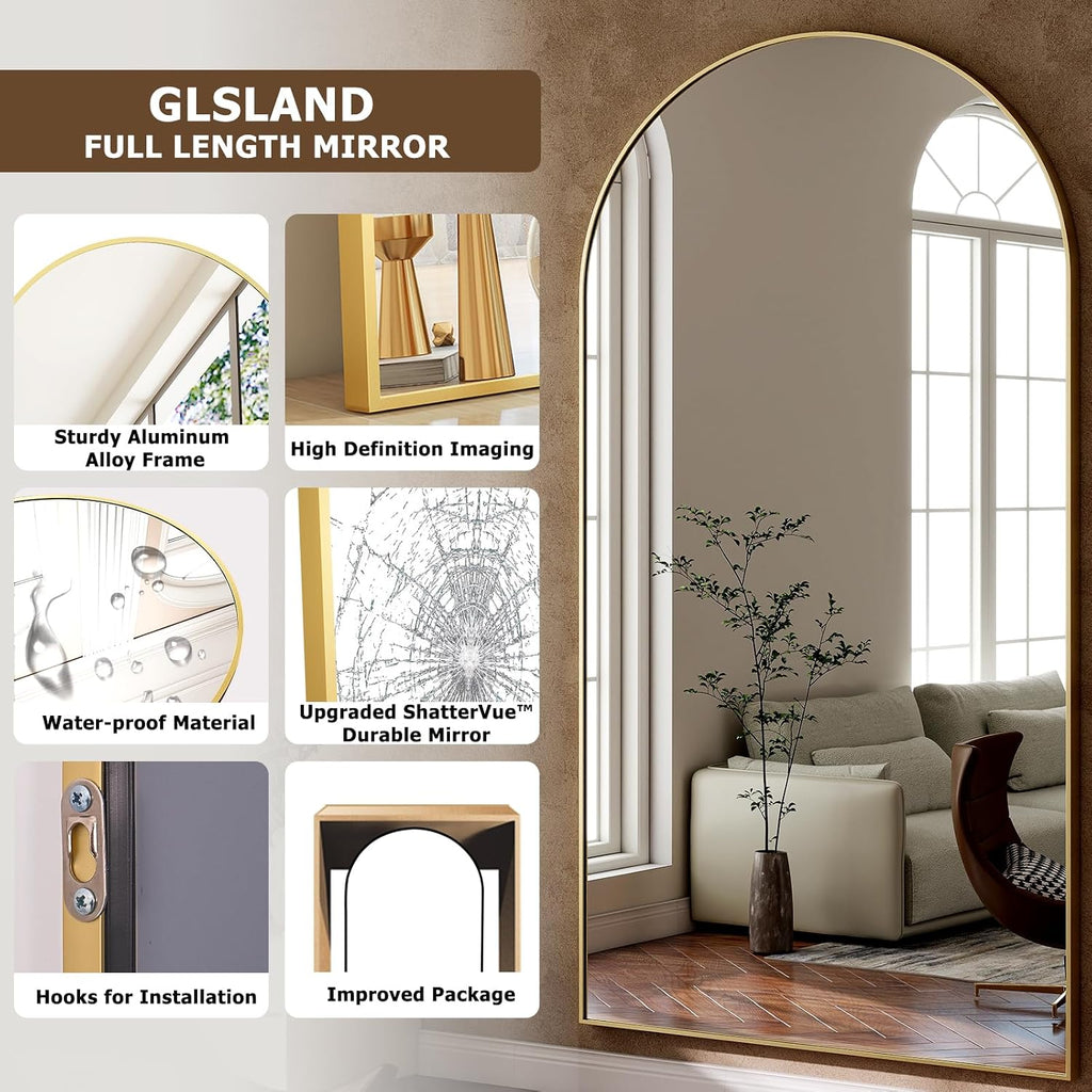 GLSLAND 30x71 Arched Full Length Mirror, Large Full Body Floor Mirror, Gold