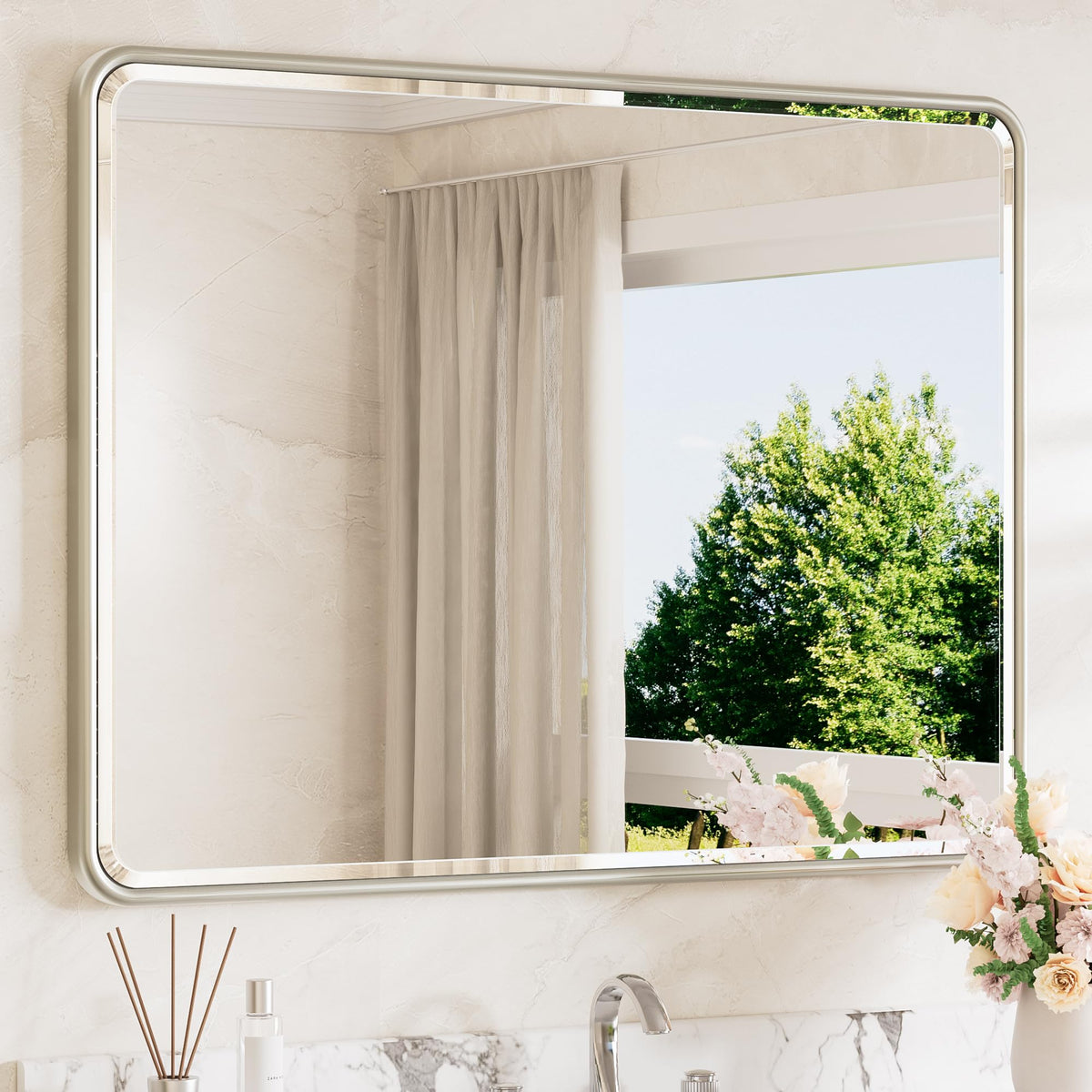 TETOTE Brushed Nickel Mirror 20 x 30 Beveled Edge Tempered Glass, Rounded Corner Rectangle Bathroom Mirror for Over Sink for Modern Bathroom, Living Room, Bedroom, Entryway