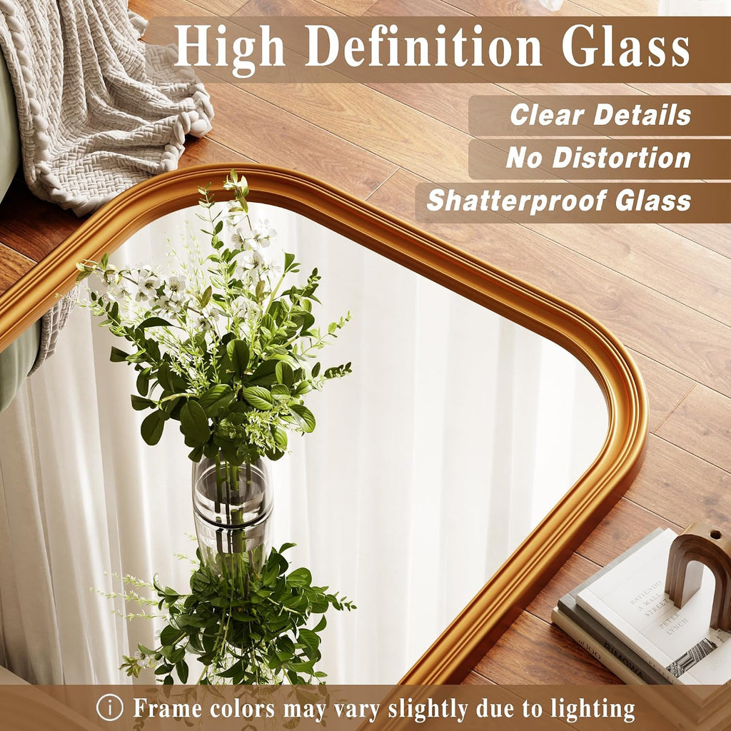 28"×69" Rounded Top Large Full Length Mirror, Arched Vintage Floor Stangding Body Mirror - PU Frame, Wall Mounted Hanging Leaning Antique Decor for Dressing Room, Entryway, Bedroom, Gold