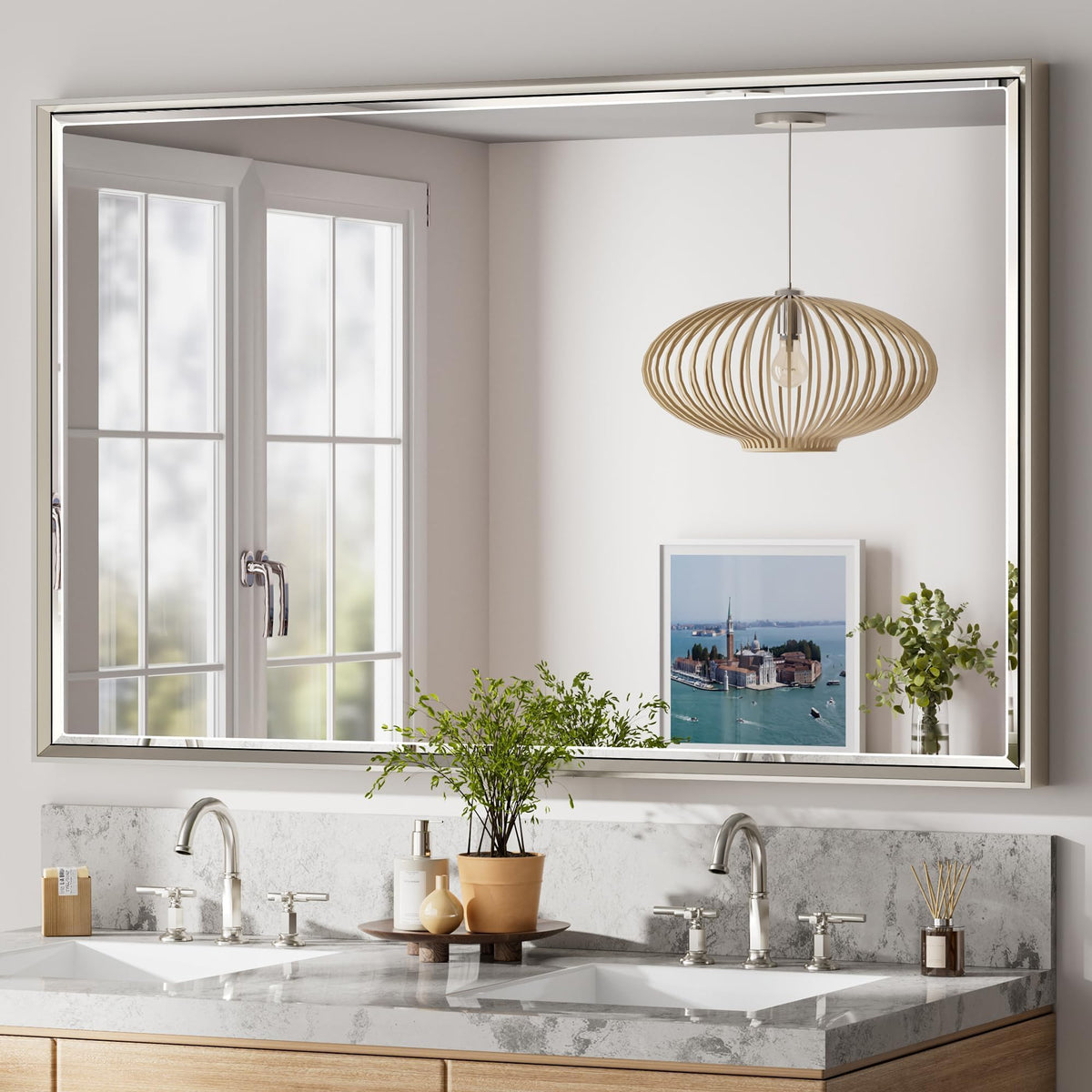 Brushed Nickel Bathroom Mirror, 24x32 Inch Beveled Framed Bathroom Mirror Anti-Rust, Brushed Nickel Metal Frame Bathroom Vanity Mirror for Wall, Vertical/Horizontal Wall-Mounted Mirrors