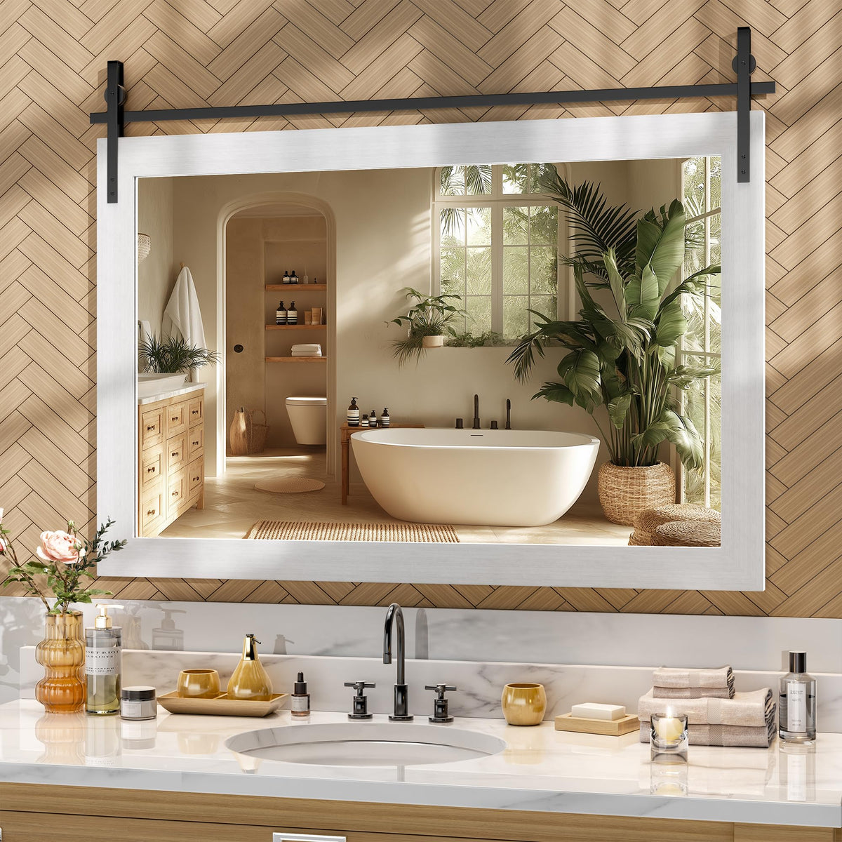 Hasipu Farmhouse Bathroom Mirror, 40"x26" Rustic Wood Framed Wall Mounted Mirror, Black Vintage Vanity Mirror Barn Door Style Decrative Mirrors