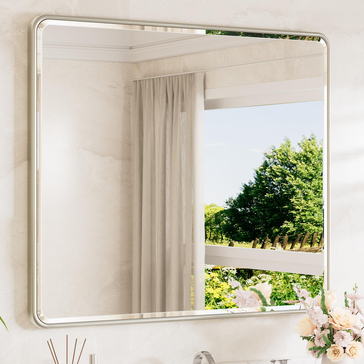 TETOTE Brushed Nickel Mirror 20 x 30 Beveled Edge Tempered Glass, Rounded Corner Rectangle Bathroom Mirror for Over Sink for Modern Bathroom, Living Room, Bedroom, Entryway