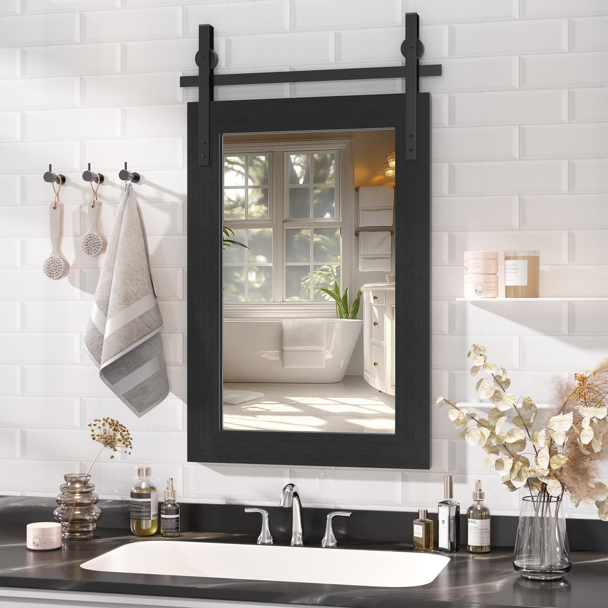 Hasipu Farmhouse Bathroom Mirror, 40"x26" Rustic Wood Framed Wall Mounted Mirror, Black Vintage Vanity Mirror Barn Door Style Decrative Mirrors