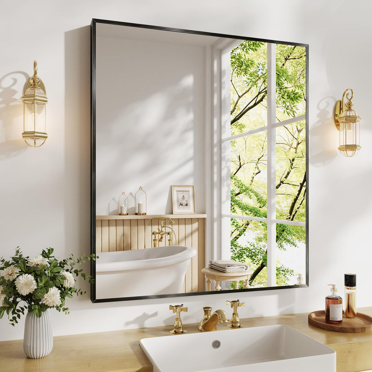 Koonmi Bathroom Mirror for Wall, 30"x30" Black Bathroom Mirror for Over Sink, Shatterproof Tempered Glass Vanity Mirror with Anti-Rust Aluminum Alloy Frame, Hang Horizontally or Vertically