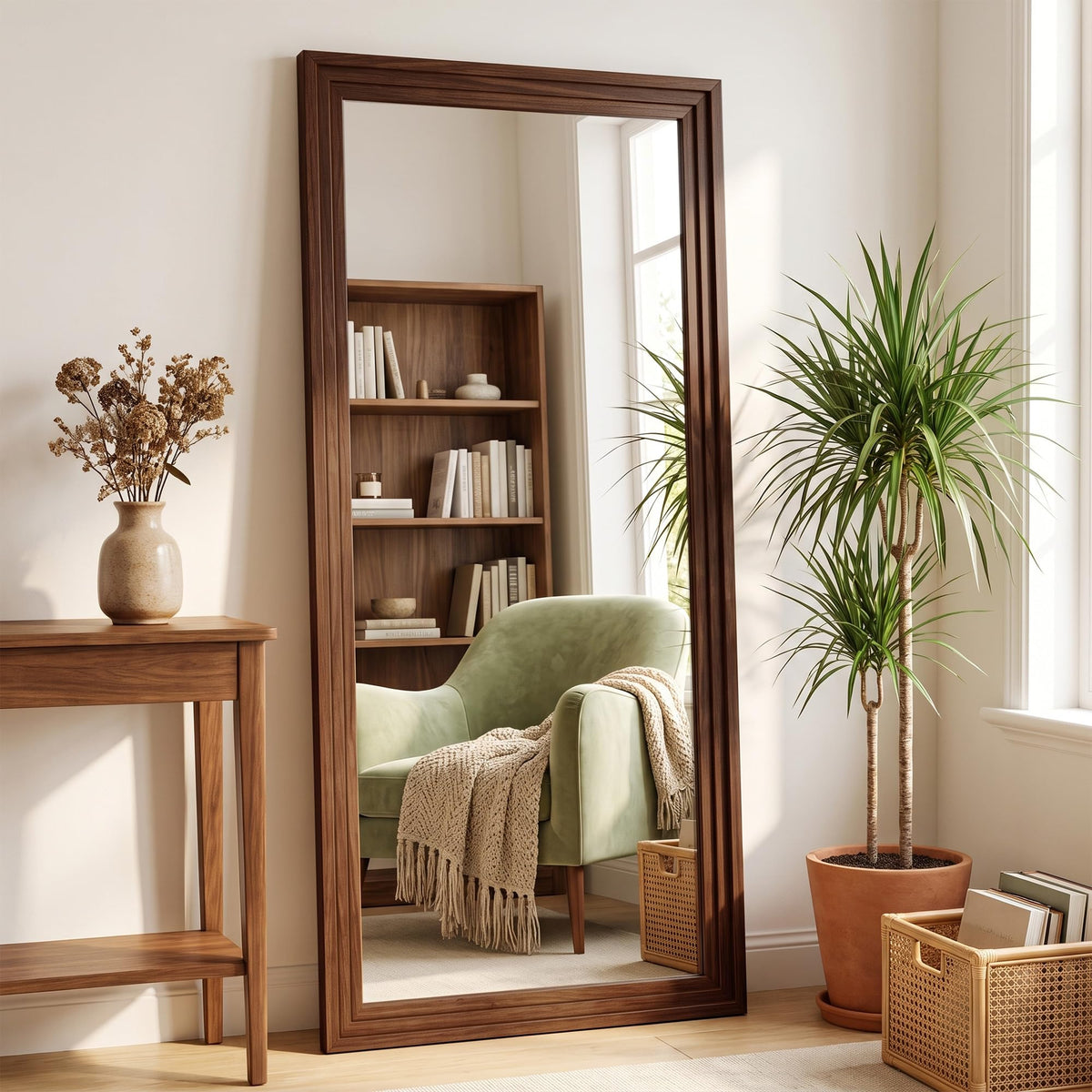 71"x32" Full Length Mirror, Large Wood Floor Mirror, Brown