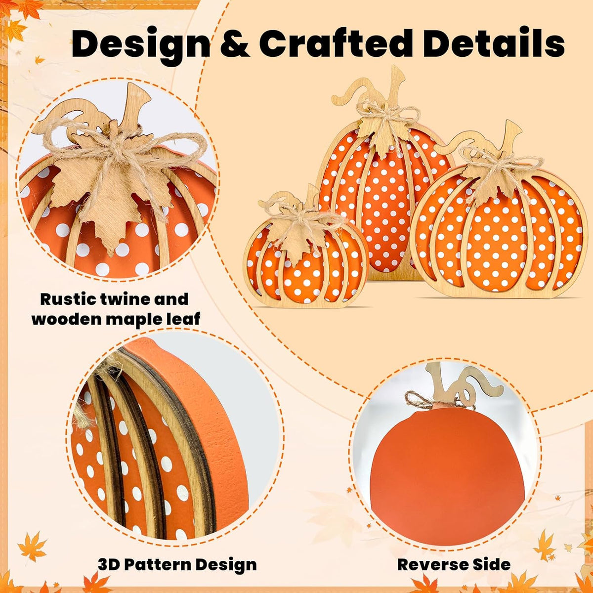 OLANRUN Fall Pumpkin Decor, Thanksgiving Fall Decorations for Home, Wooden Pumpkin Autumn Decor, 3 PCS Handmade Crafts, Thanksgiving Decorations for Indoor, Home Table Tiered Tray Mantel (4-8 Inch)